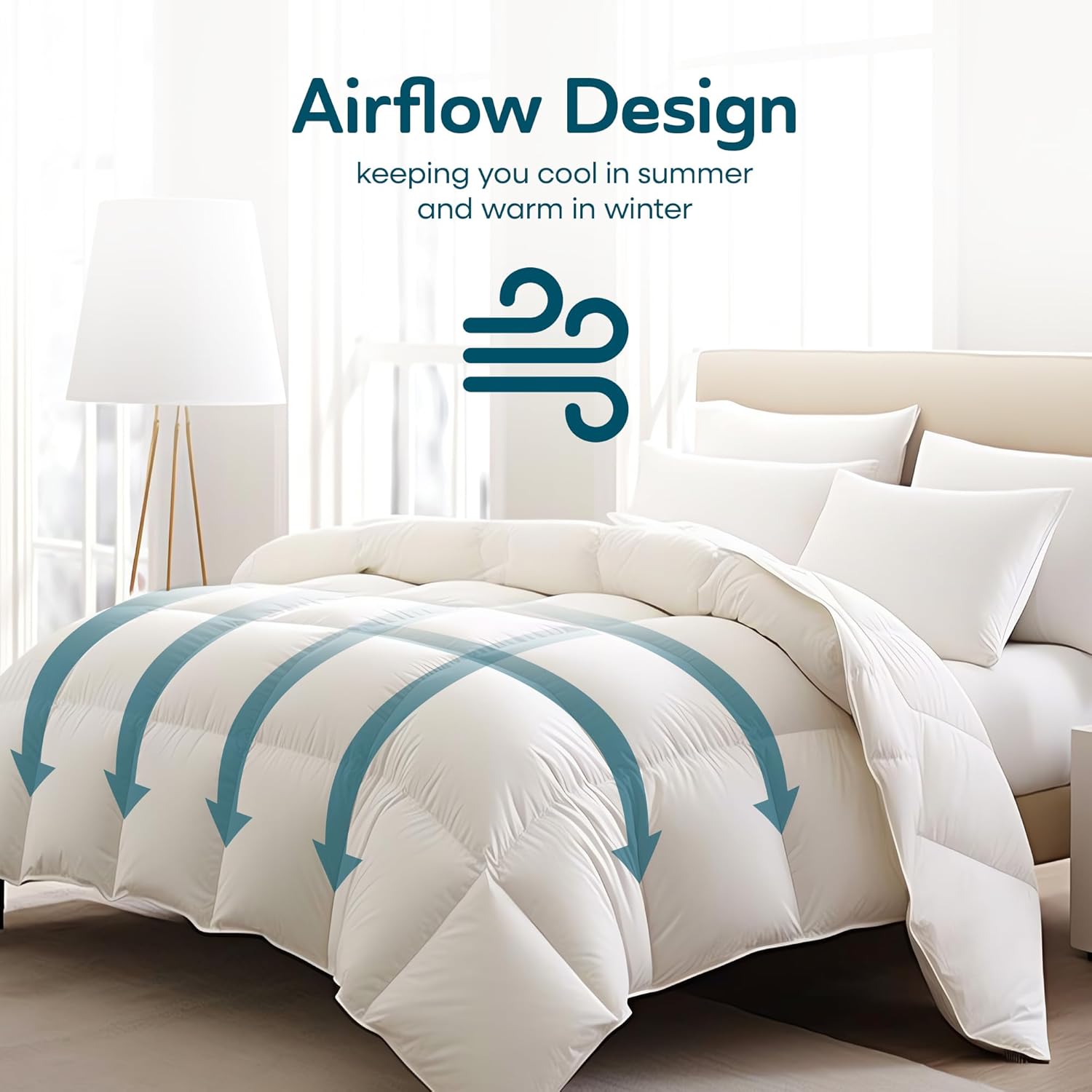 Sleepgram Queen Sized Pre Shrunk Lightweight Embroidered Microfiber Cotton Comforter with Baffle Box Stitching and Duvet Loops, White