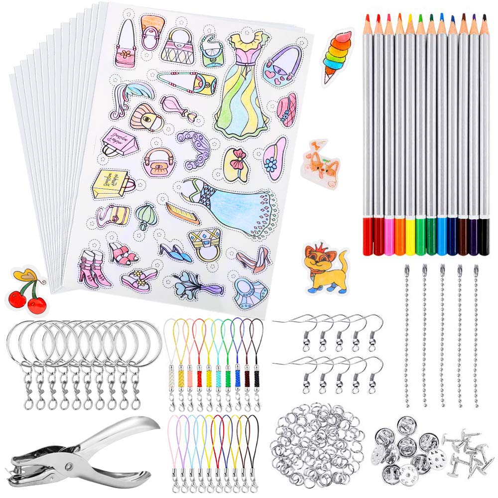 CGBOOM 198 Pcs Heat Shrink Plastic Sheet Kit, Including 15 Pcs Blank Shrink Paper and 5 Pcs Shrinky Art Paper Sheets with Pattern, Pencils, Hole Punch, Keychains Accessories for DIY Creative Craft