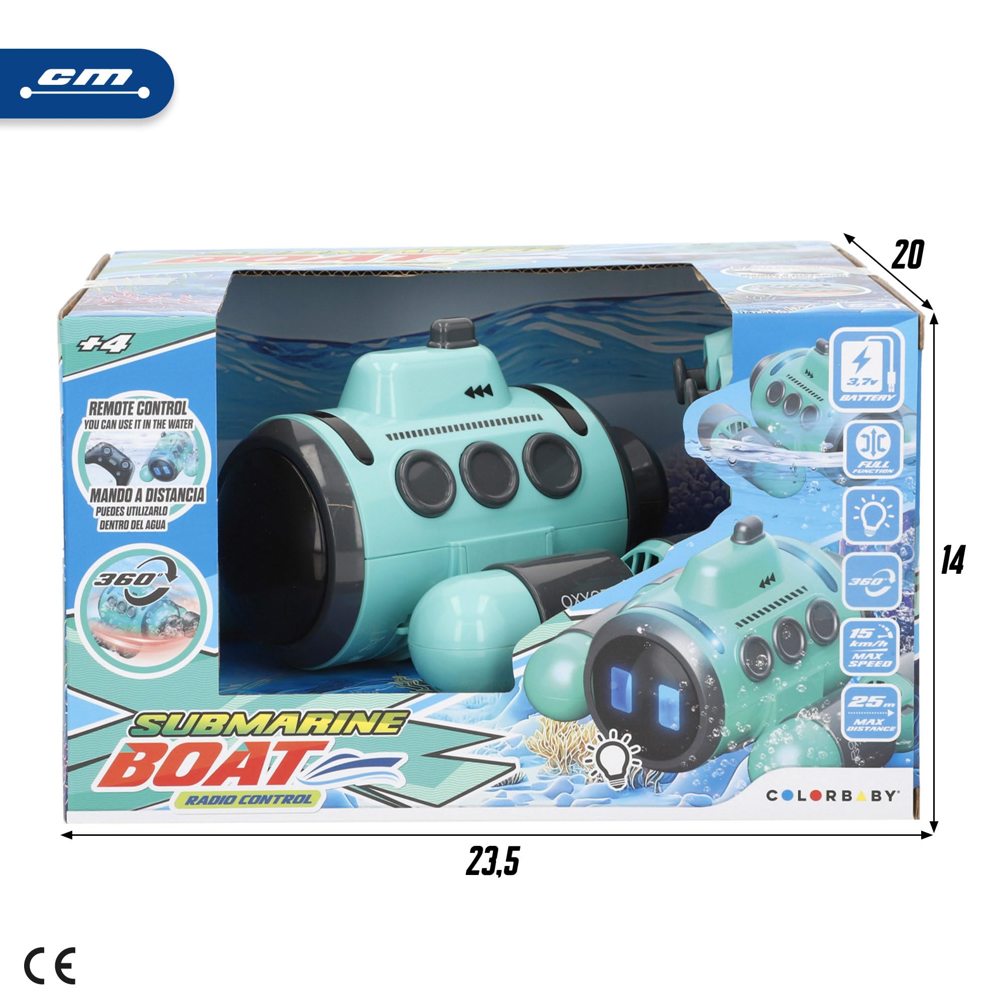 ColorBaby Speed & Go Submarino teledirigido, Giros 360º, Incluye luz, Mando a Distancia Sumergible, Alcance 25 Metros, Velocidad 15 km/h, Juguete para niños 4 años, Juguetes RC (39731)
