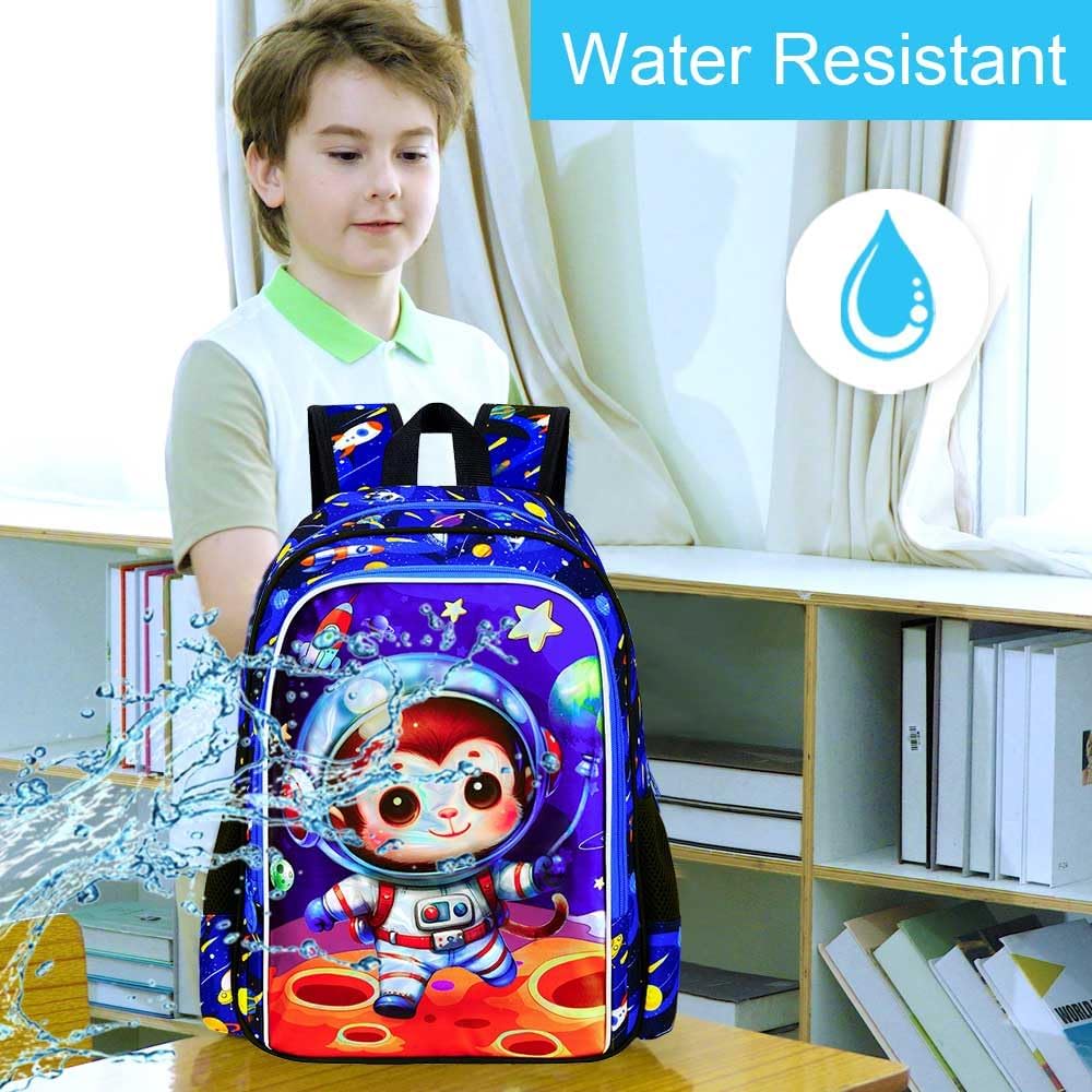 KLFVB 3PCS Boys Monkey Bookbag, Water Resistant Kids Space Backpack with Lunch Box, 16" Preschool Backpacks for Elementary - Rocket Monkey
