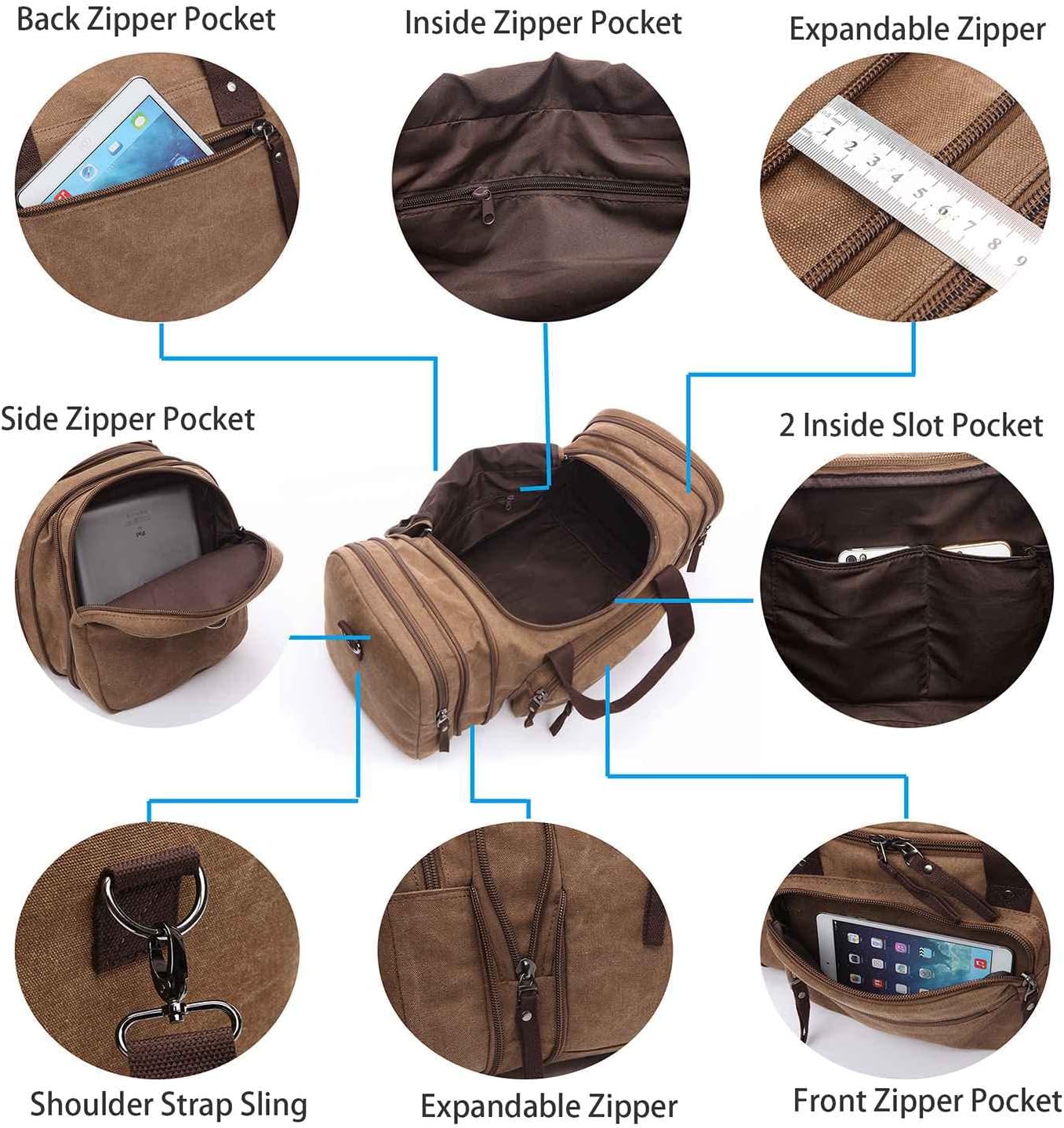 Canvas Duffle Bag for Men Women Travel, Expandable 50L Duffel Overnight Weekend Carry on Bag Black
