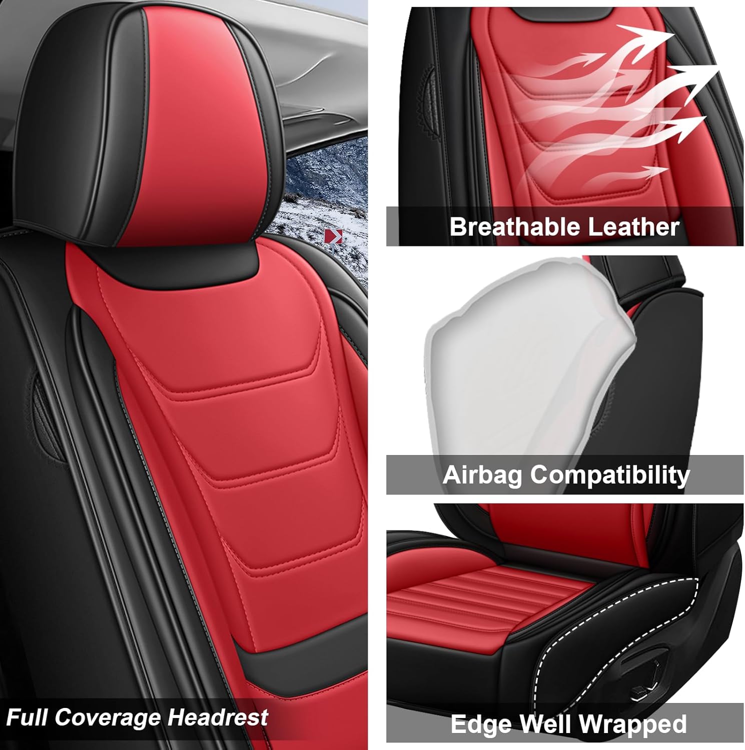 Car Seat Covers Full Set for Honda Civic 2000-2025, Waterproof Nappa Leather Car Seat Cover, Anti-Slip & Comfortable Car Seat Protector&Accessories(Black Red)