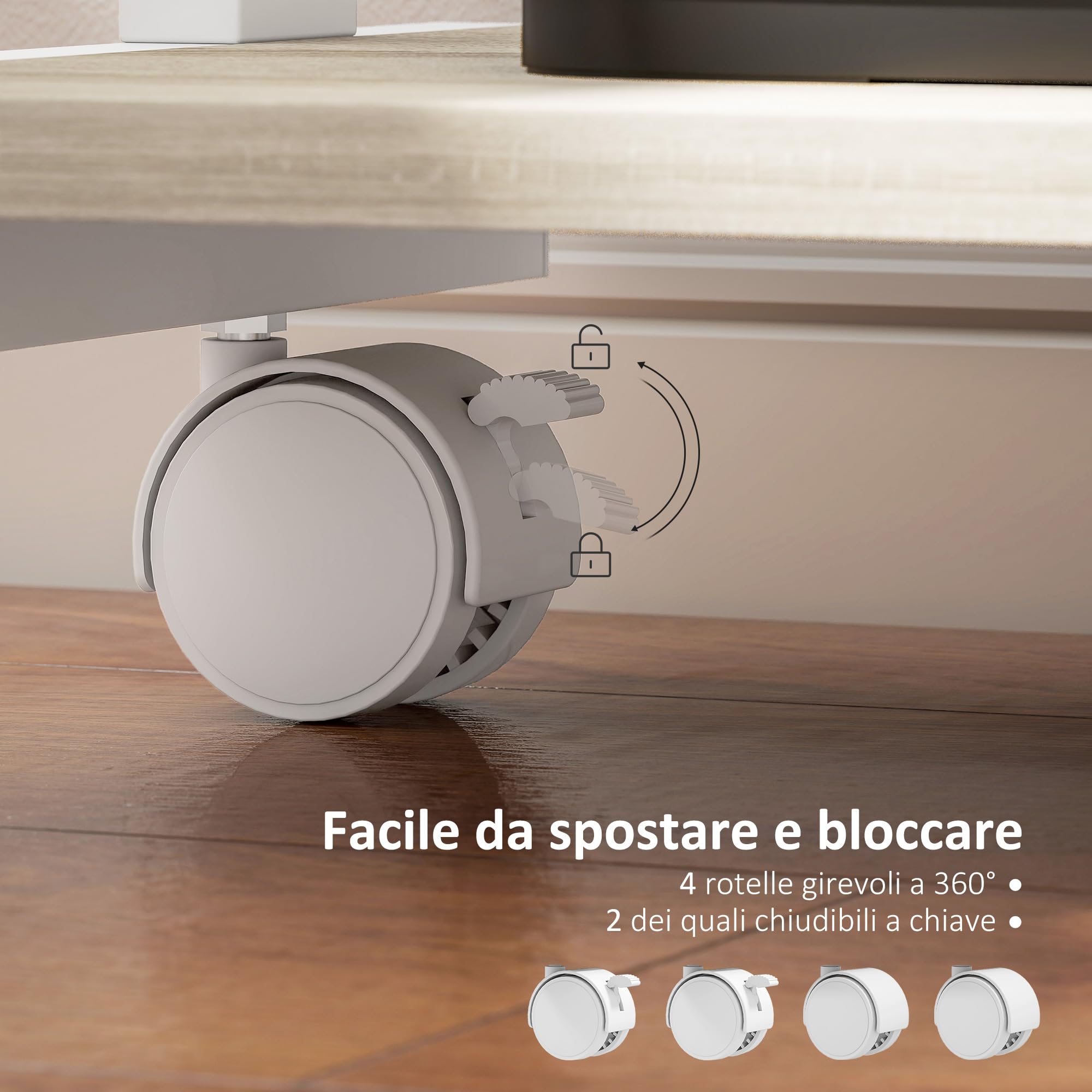 HOMCOM Scrivania Tavolo per Computer, Cassetto, 4 Rotelle, 56x51 cm, Rovere | Scrivania da Ufficio, 4 Rotelle, 2 Ripiani Aperti, Postazione di Lavoro con Supporto CPU, per Studio