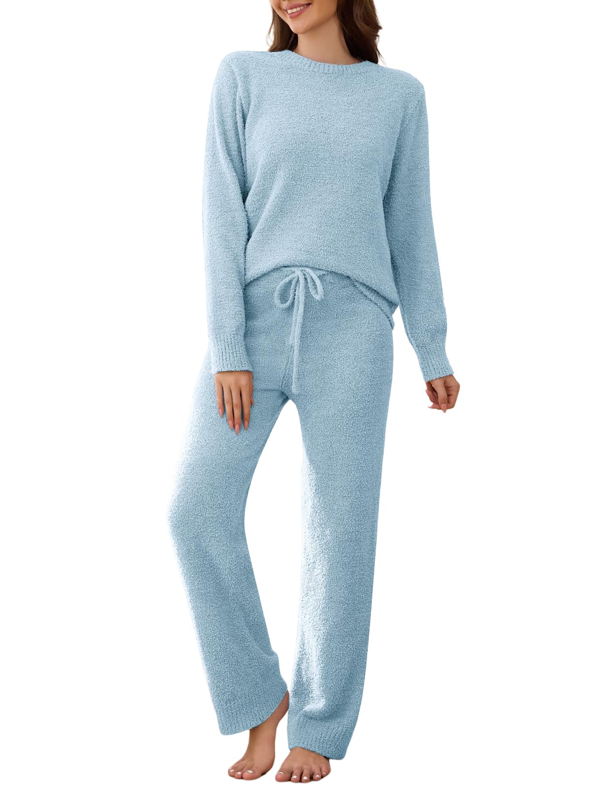 Ensemble de pyjama 2 pièces en polaire pelucheuse pour femme - Ensemble de détente chaud à manches longues en tricot - Pull et pantalon