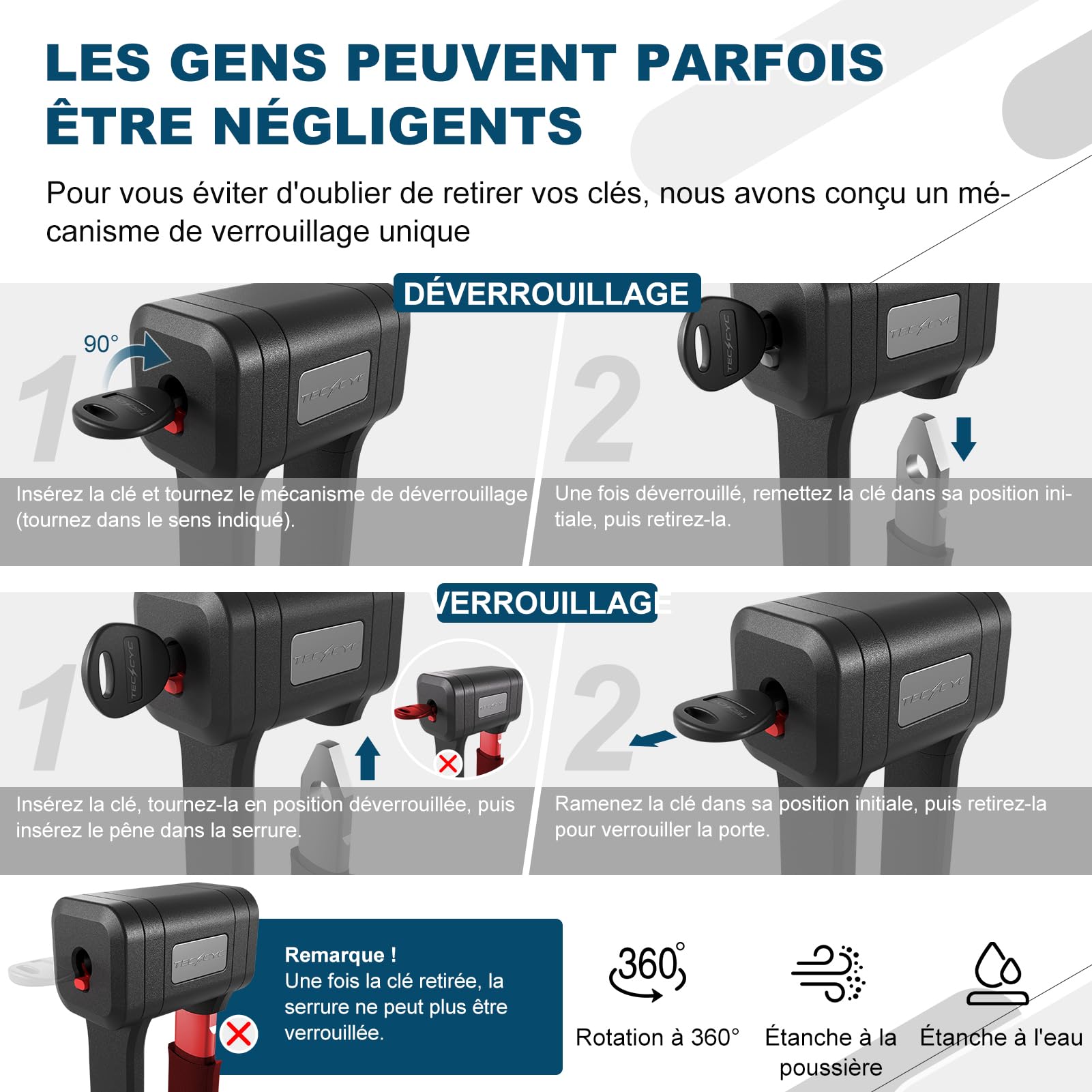 TECHCYC Antivol vélo 120 cm, Antivol Pliable Haute Sécurité avec Compartiment Dédié aux Traceurs GPS, Serrure de Vélo avec Support Portable et 2 Clés, pour Vélo,Trottinette et Portes
