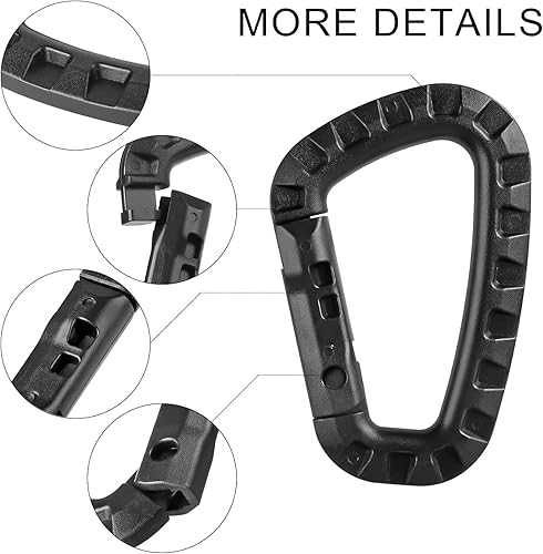 Miniatura 10 de Llavero de mosquetón táctico, paquete de 12 mosquetones de polímero duro, anillos en D, ligero, resorte a presión, gancho de engranaje, ganchos de