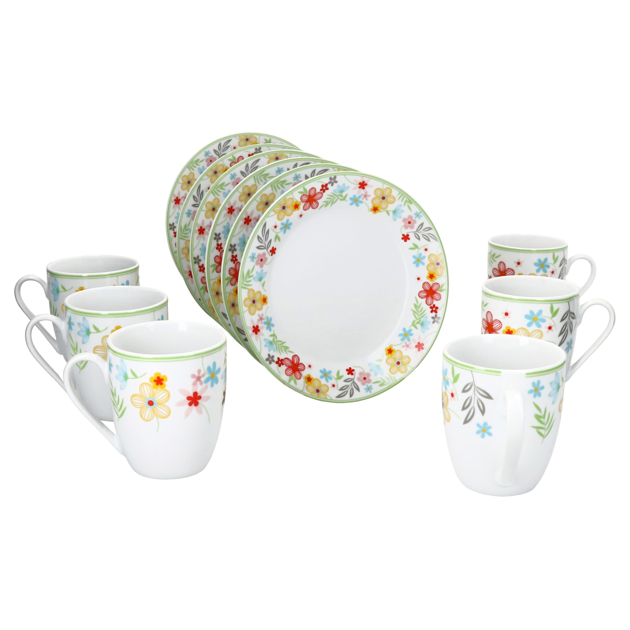 MamboCat Variant Blümchen Service de petit-déjeuner 12 pièces I 6 petites assiettes et 6 tasses à café de 350 ml, hauteur 10,3 cm pour 6 personnes I Tasse, assiettes à gâteau I Vaisselle en porcelaine