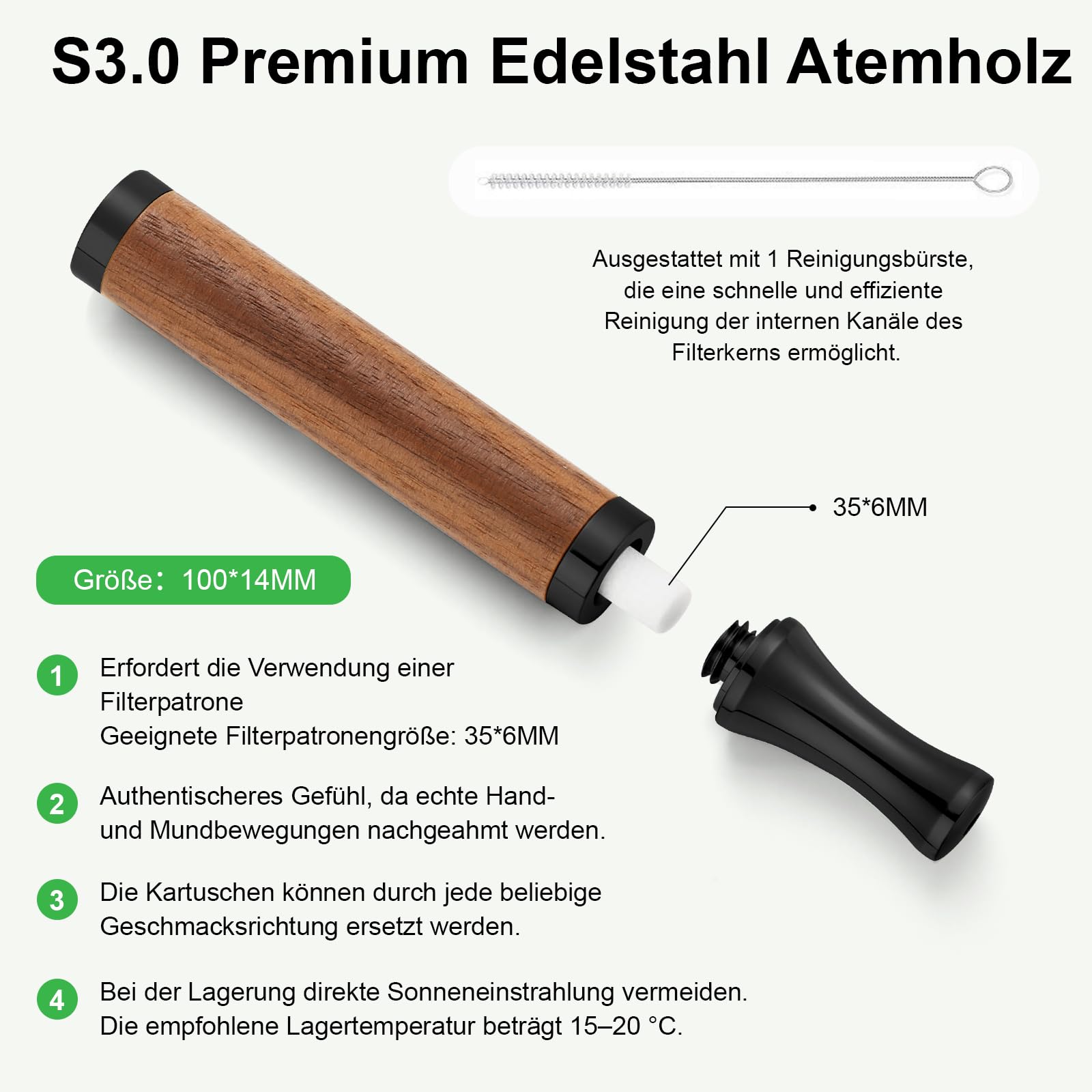 J.Fée S3.0 Rauchentwöhnung Hilfsmittel Wooden Stainless Steel Handheld Mit 15 Filtern mit Fruchtgeschmack,(Peppermint, Sweet Orange, Watermelon)Alternatives et aides sans nicotine-Atemtraining Schwarz