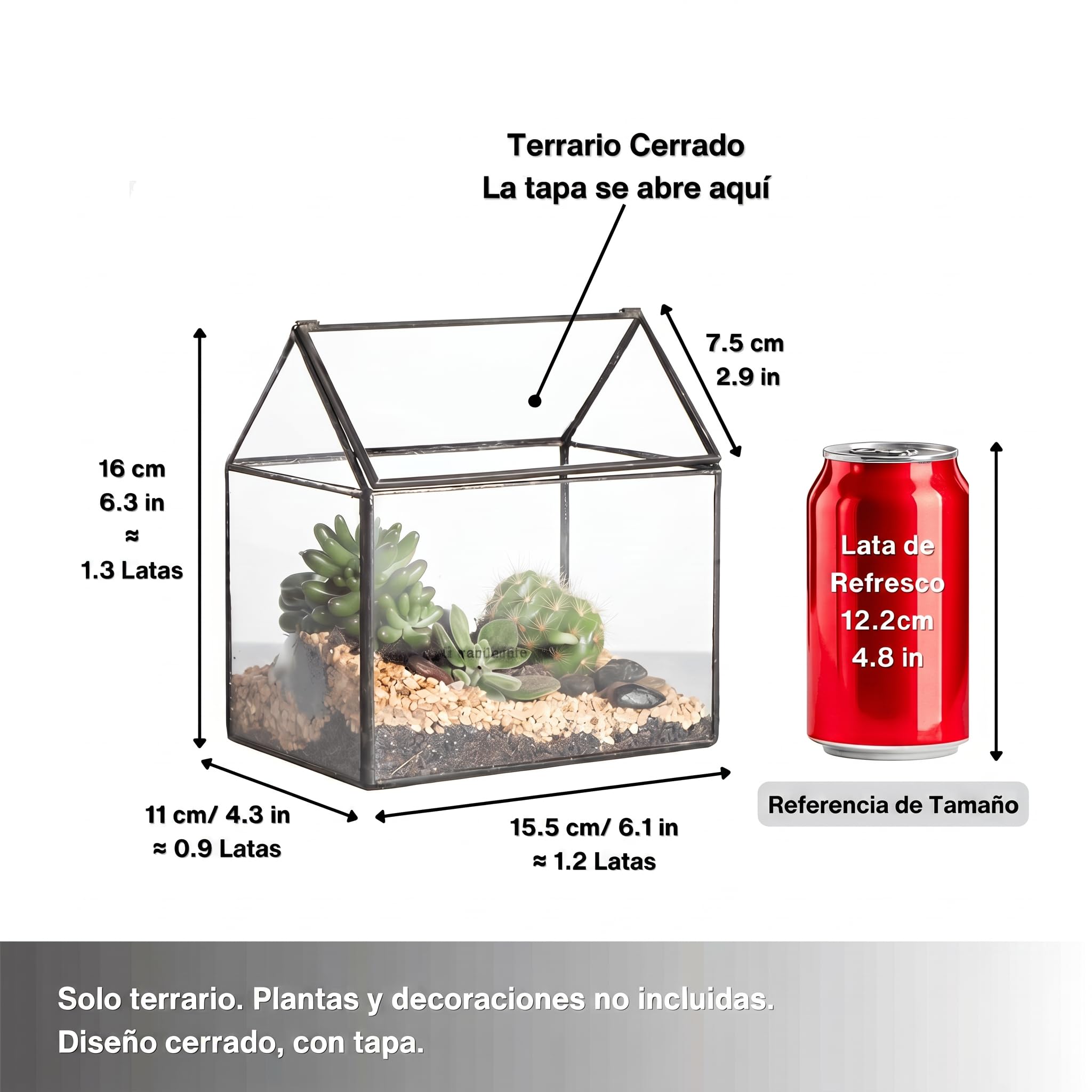 NCYP 15,5x16x11 cm Negro geométrico Terrarium suculenta Musgo Helecho Planta Caja para balcón con Tapa oscilante (sin Plantas)