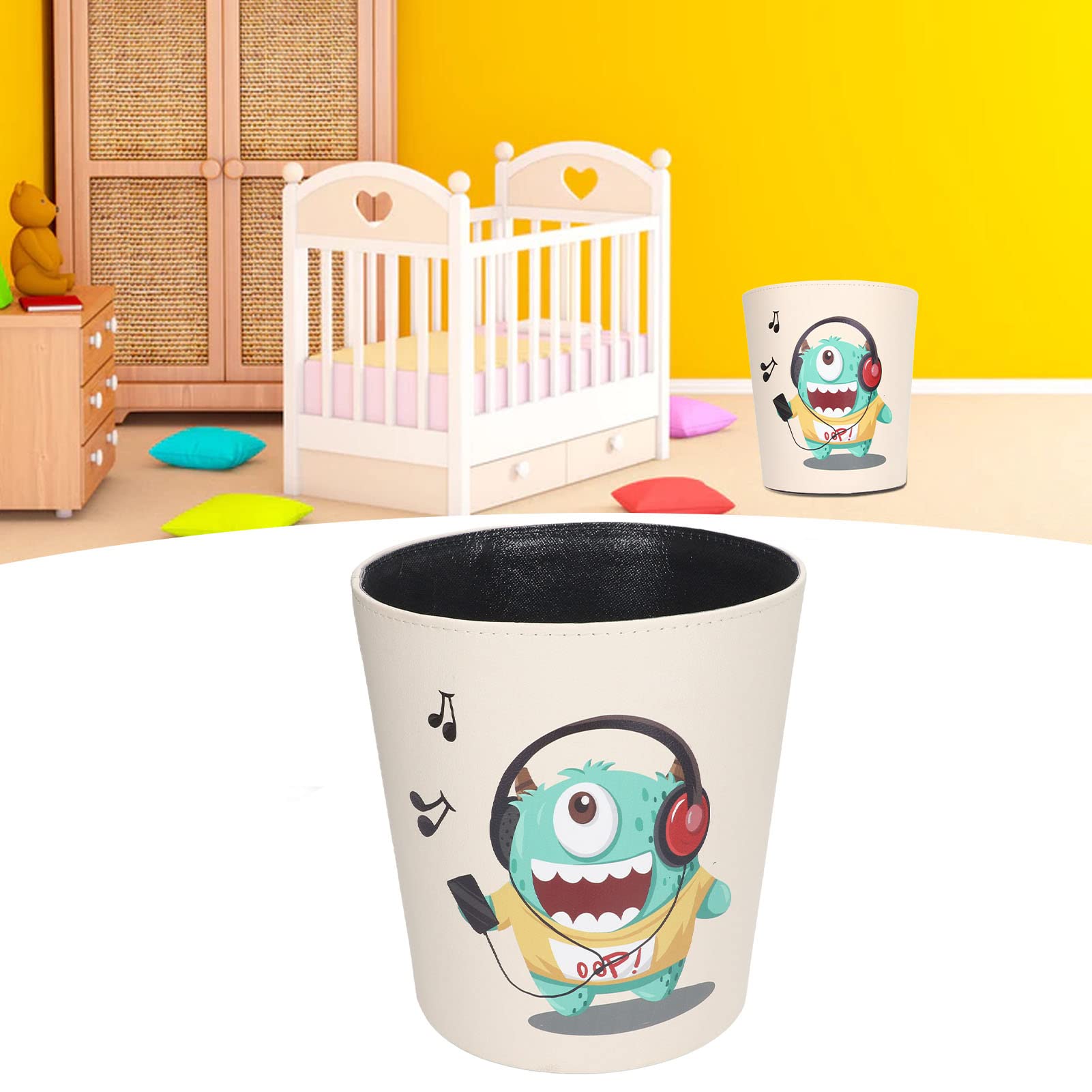 Papelera de dibujos animados, gran capacidad, cubo de basura lindo, monstruo verde, base antideslizante, bonita papelera de piel sintética impermeable para habitación infantil