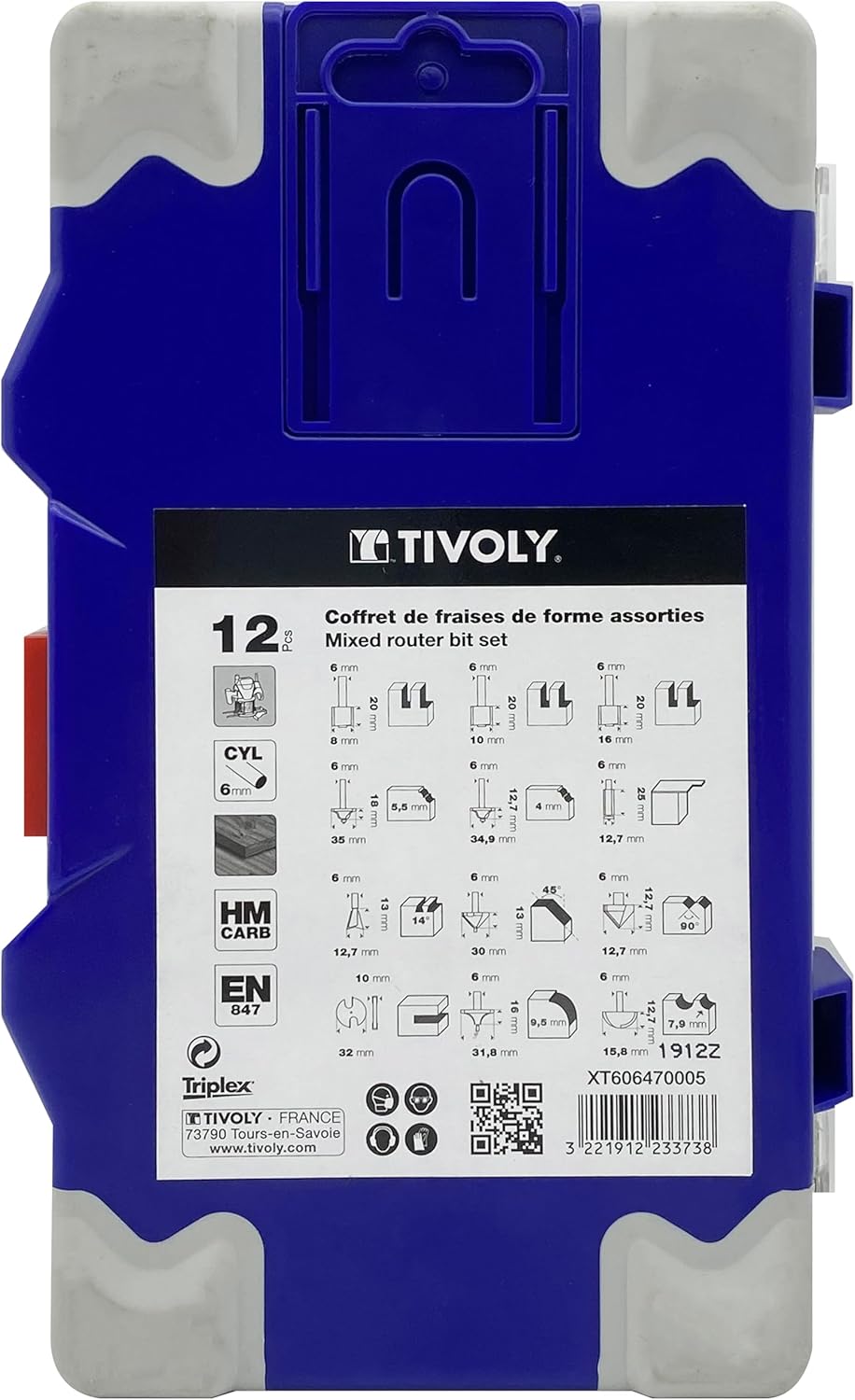TIVOLY - Multi Shape Router Bit Set 6 pieces- 5/46" -8mm Shank - Carbide Blade - 2 Straight Bit - 1 round over Bit - 1 Dovetail Bit - 1 Chamfer Bit - 1 Core Box Bit