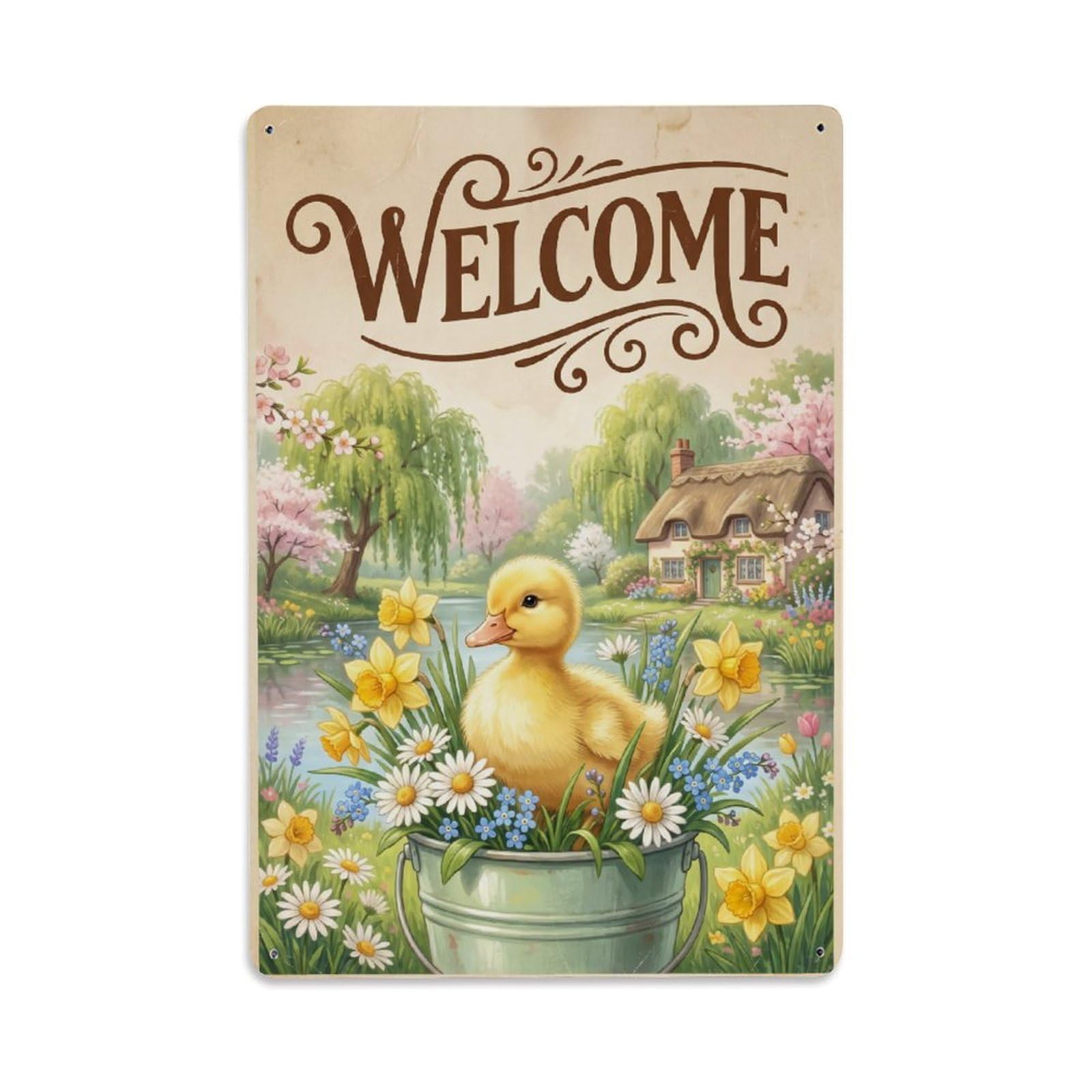 Cxhjca 8X12inch(20X30cm) Vintage Welcome Duckling New Beginnings Metal Tin Sign