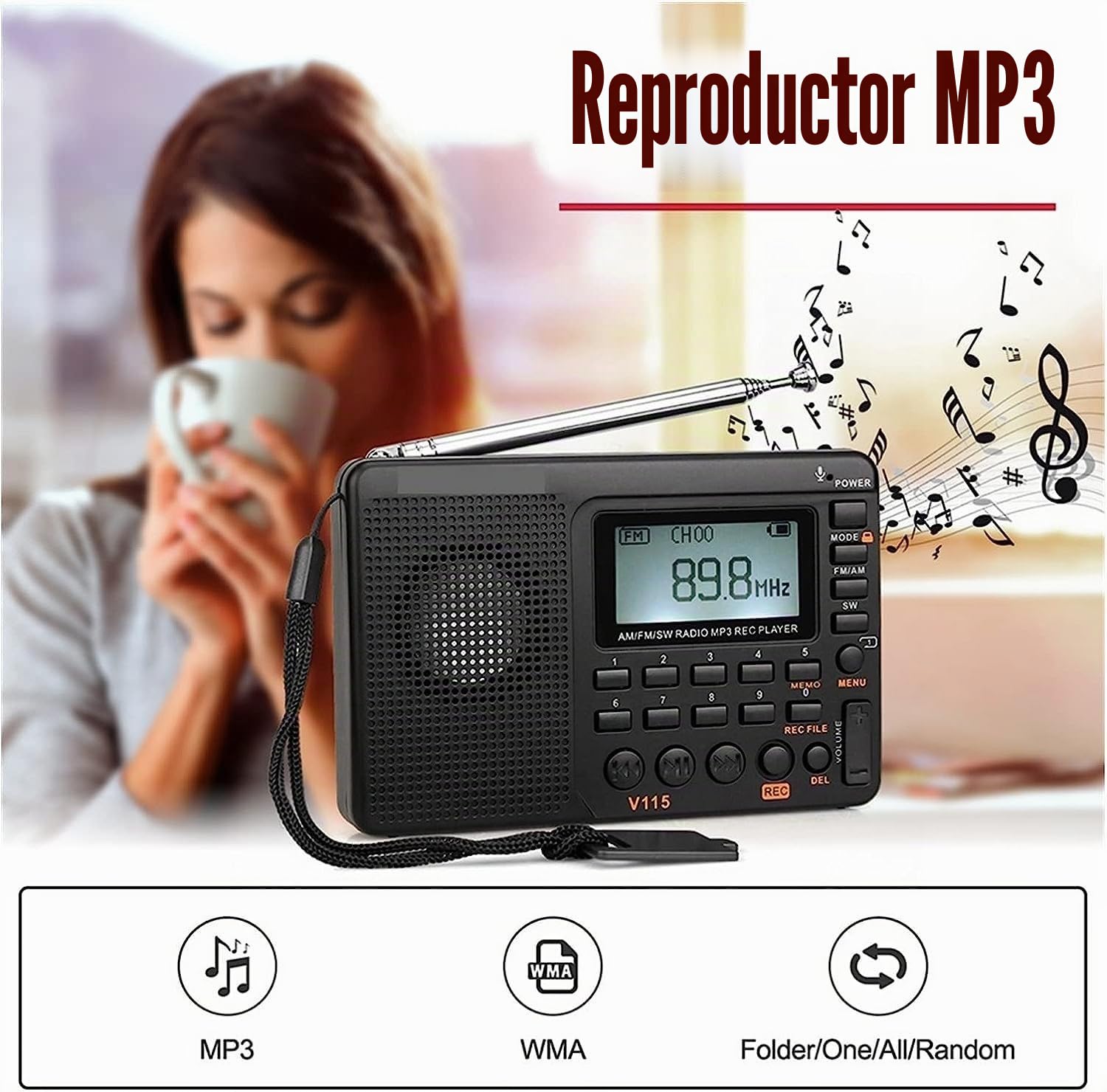 Radio V115 Radio AM FM SW radio bolsillo onda corta FM altavoz, admite tarjeta TF, grabadora USB, modo de suspensión