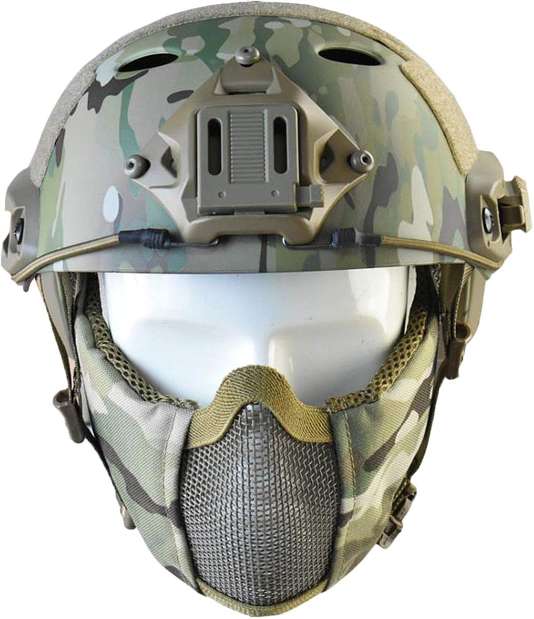 Tactical Foldable Half Face Airsoft Mesh Mask with Ear Protection and Tactical Airsoft Fast Helmet Adjustable H-Nape Helmet Chin Strap Large Size for Older Teenager or Adult (CAMO) : Sports & Outdoors