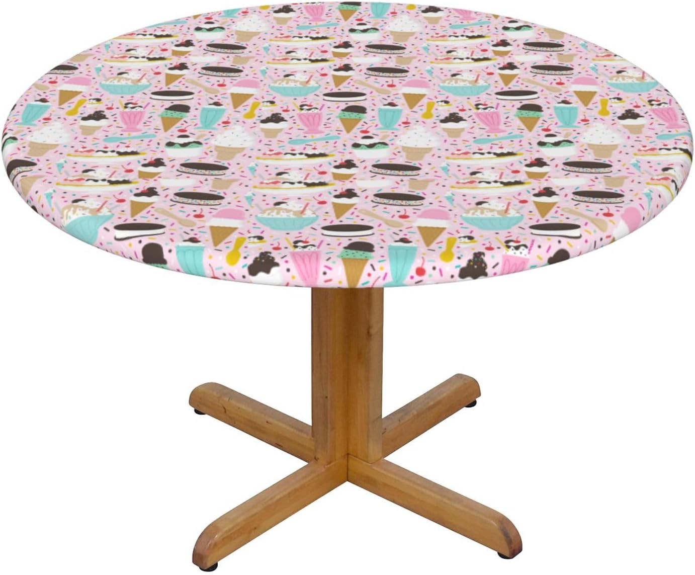Sweet Ice Cream Print Outdoor Patio Kitchen Decor Supplies Wipeable Round Table Cloth for Indoor Outdoor