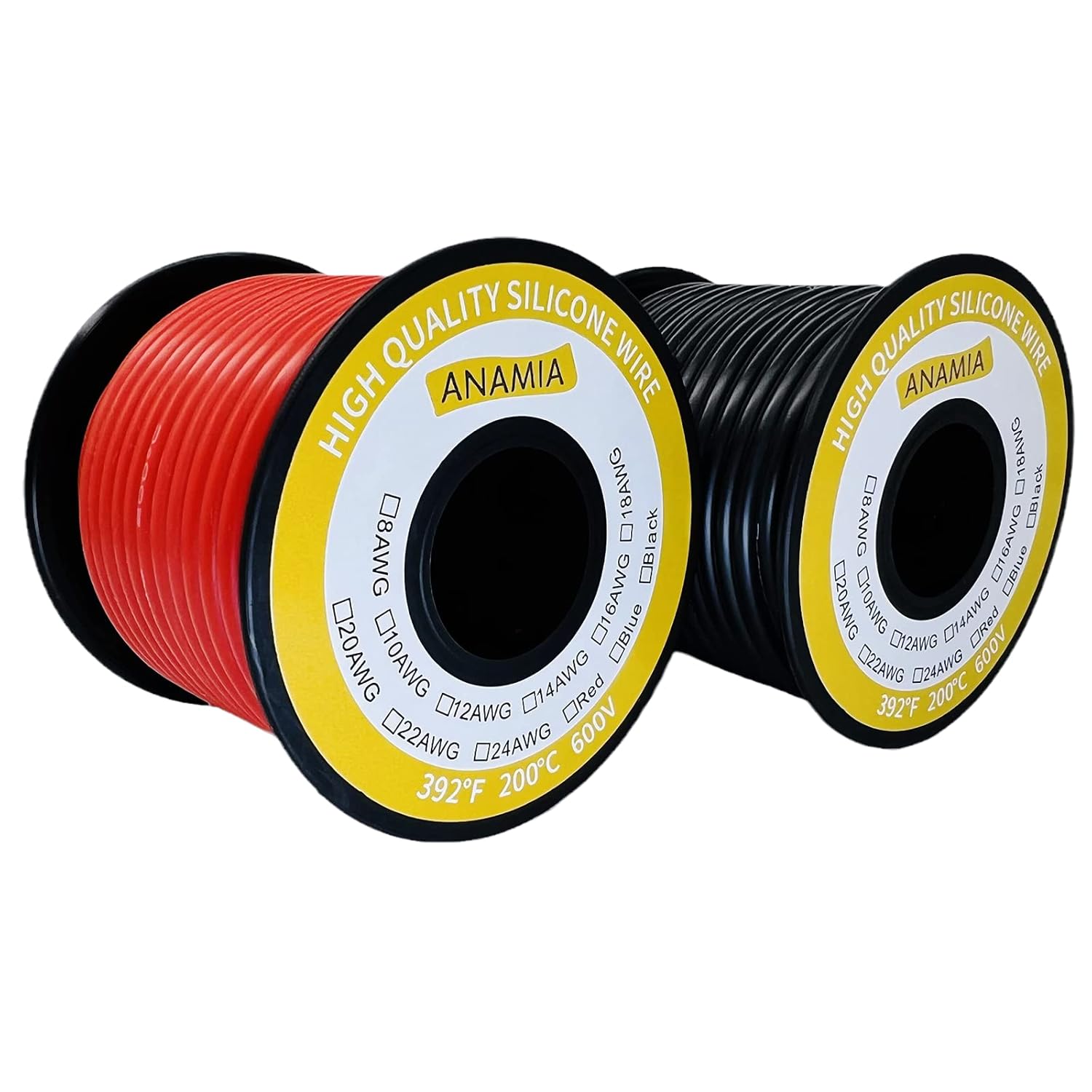 ANAMIA 12 Gauge Stranded Copper Wire 50ft, Flexible 12 AWG Silicone Wire, 200℃ High Temperature 12AWG Automotive Wire (25ft Black + 25ft Red Spools)