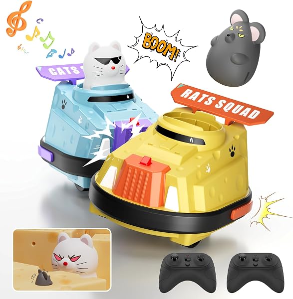 deependo 2 Pack Remote Control Car, RC Ejecting Bumper Car for Kids, Cat and Rat War Cheese Bumper Car, Car Toys for Age