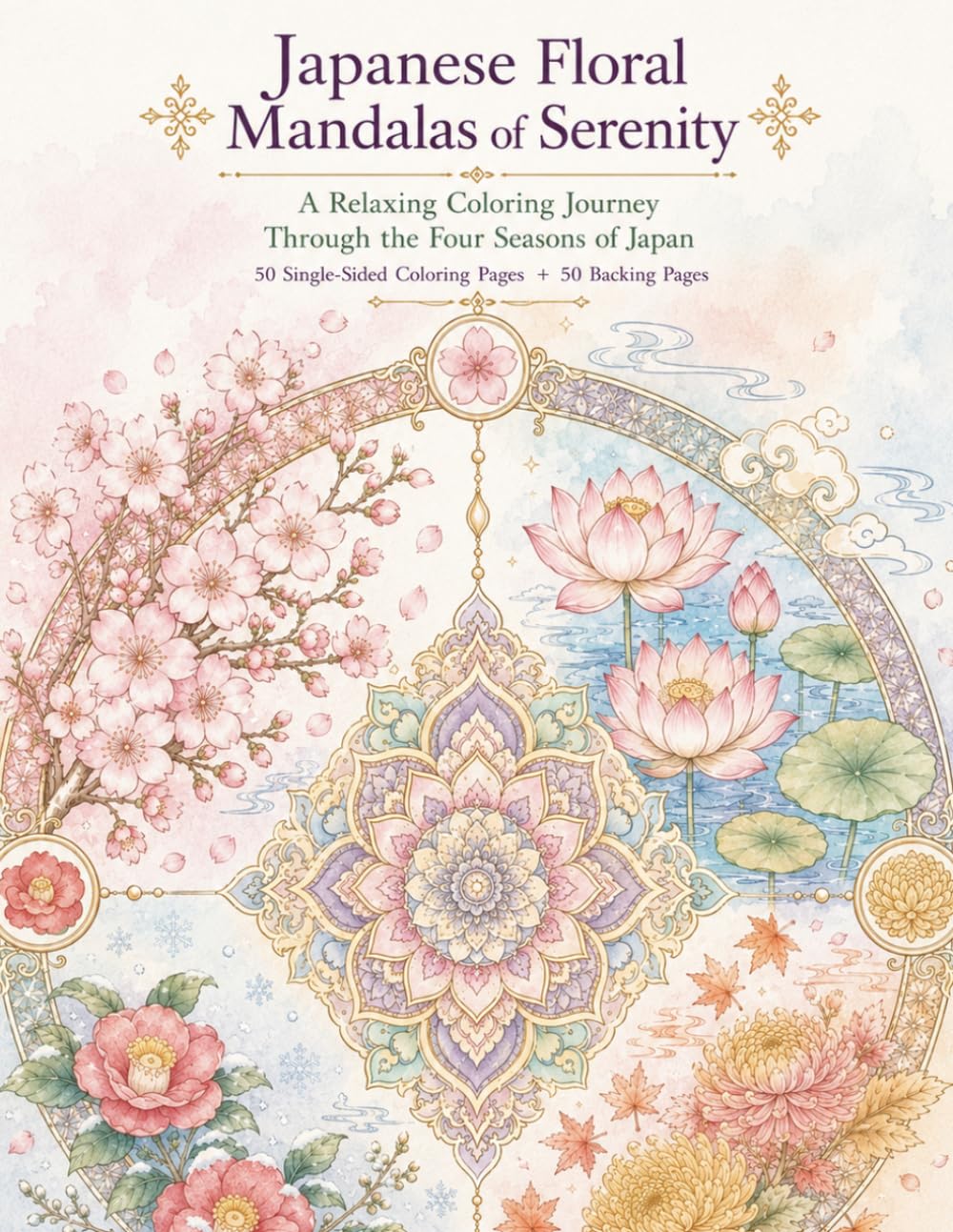 Japanese Floral Mandalas of Serenity: A Relaxing Coloring Journey Through the Four Seasons of Japan