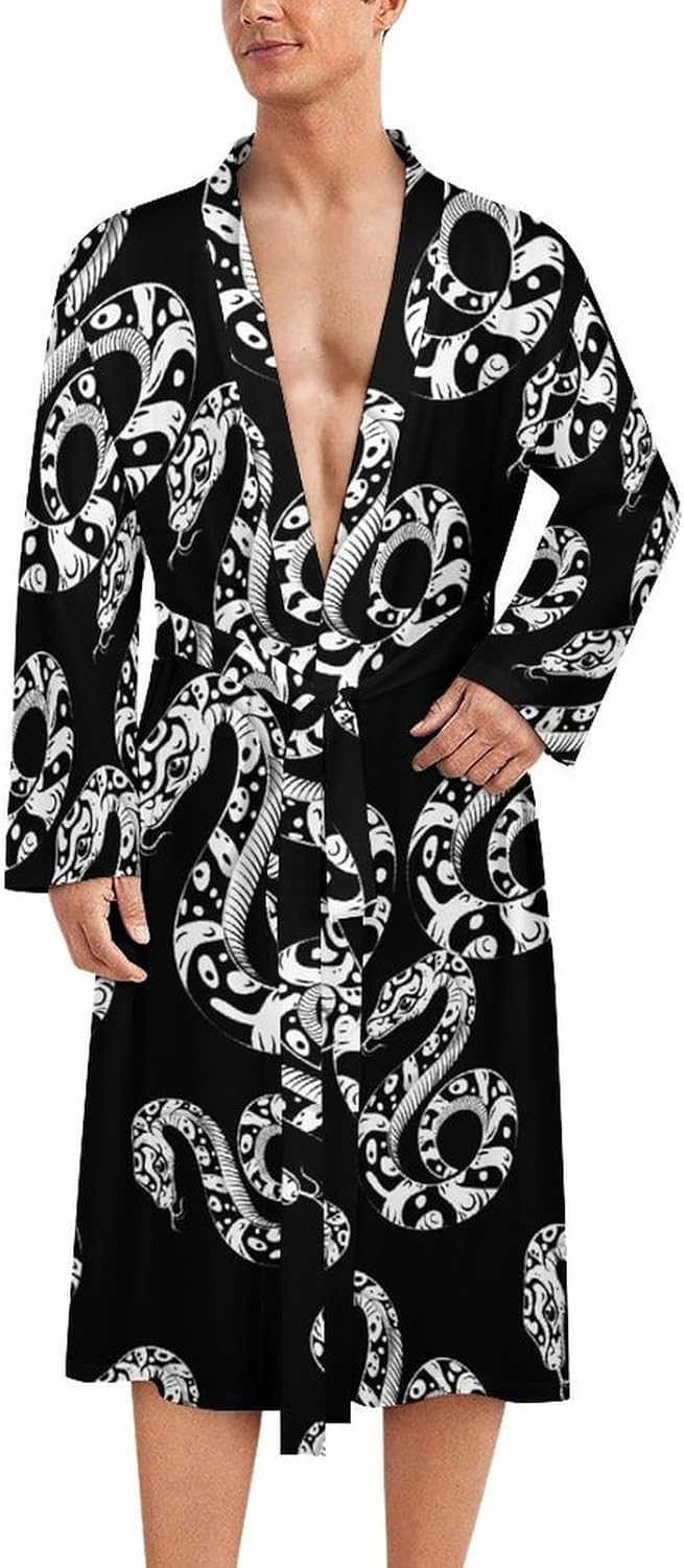 Snake Print Men's Robe Soft Bathrobe V Neck Loungewear Sleepwear Nightgown Dressing Gown
