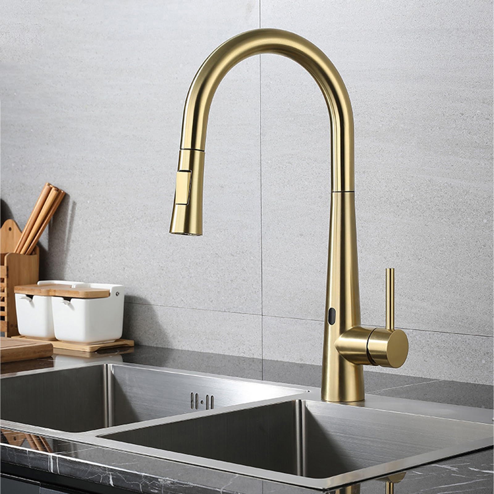 HADECOLL Touchless Sensor Kitchen Faucet With 360° Swivel Pullout Sprayer 2 Water Modes Gooseneck Design Brushed Finish Modern Kitchen Tap Upgrade
