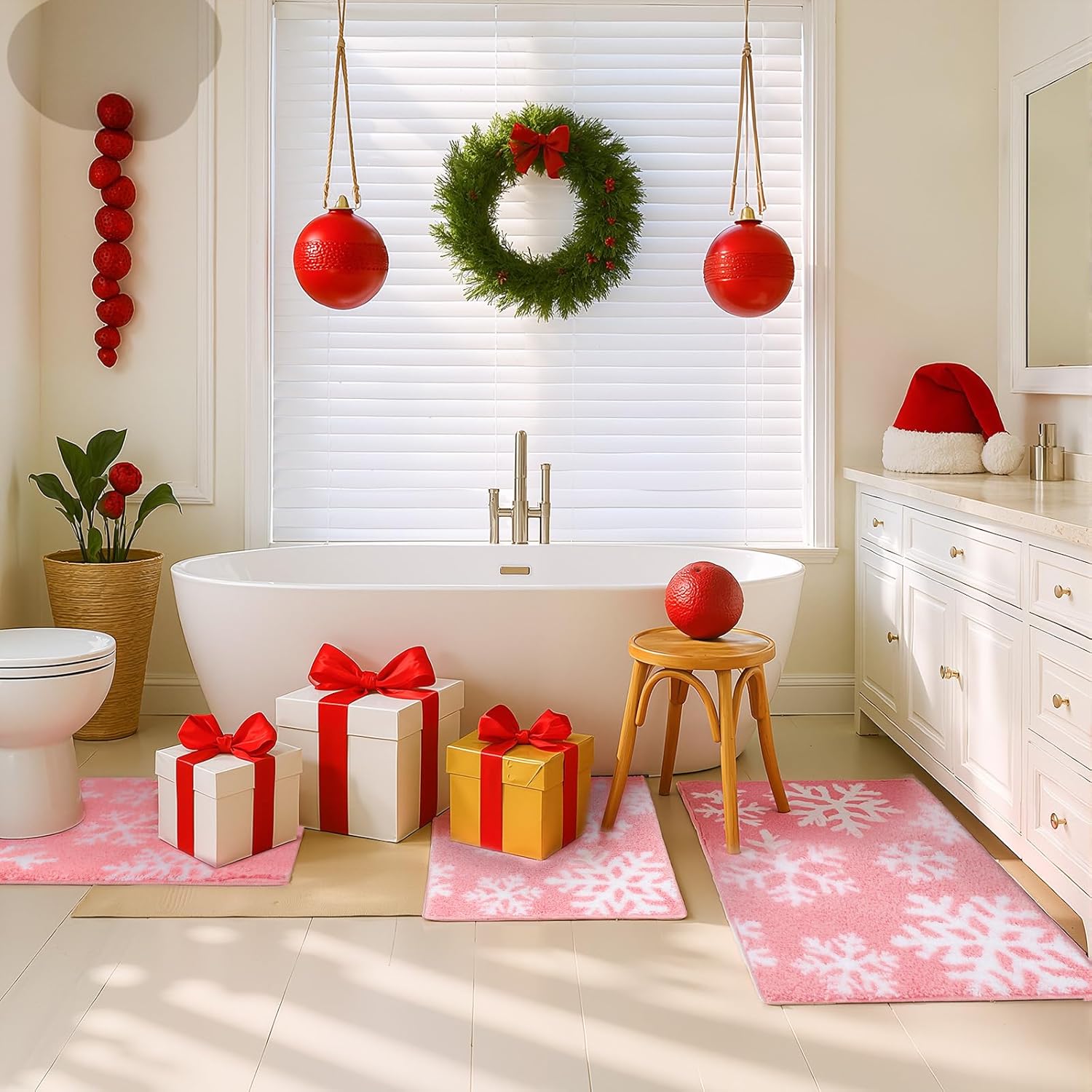3 Pieces Pink Snowflake Bathroom Rugs Sets Christmas Winter Microfiber Shaggy Bath Mats and U-Shaped Contour Toilet Rug Non Slip Christmas Carpet Mats for Xmas Bathroom Tub Shower Decoration