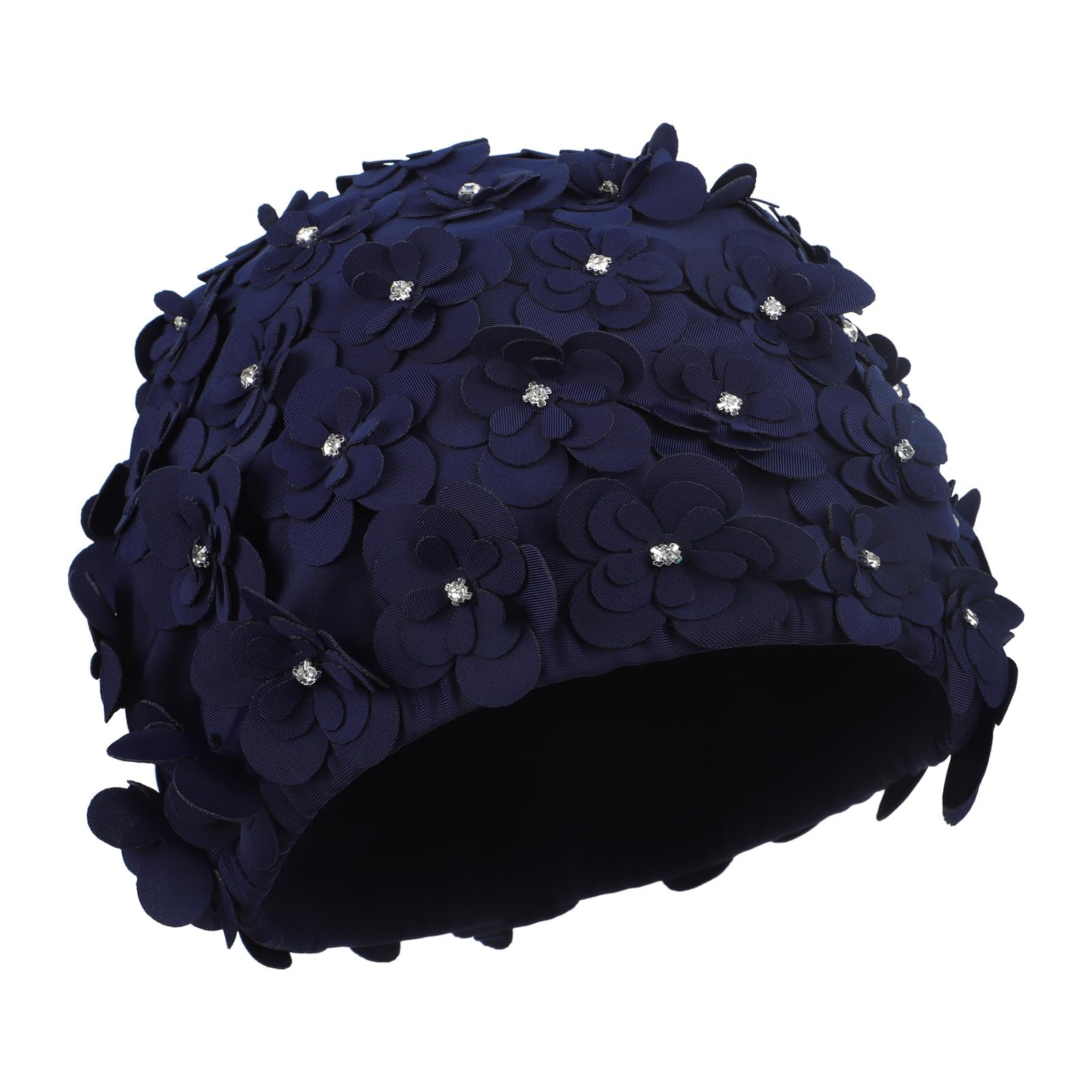 Womens Girls Floral Petal Swimming Cap, Stretchable Nylon Cloth Swim Cap Turban Hat with Handmade Flower, Fashion Crystal Ear Protection Swimming Bath Cap for Long Short Hair