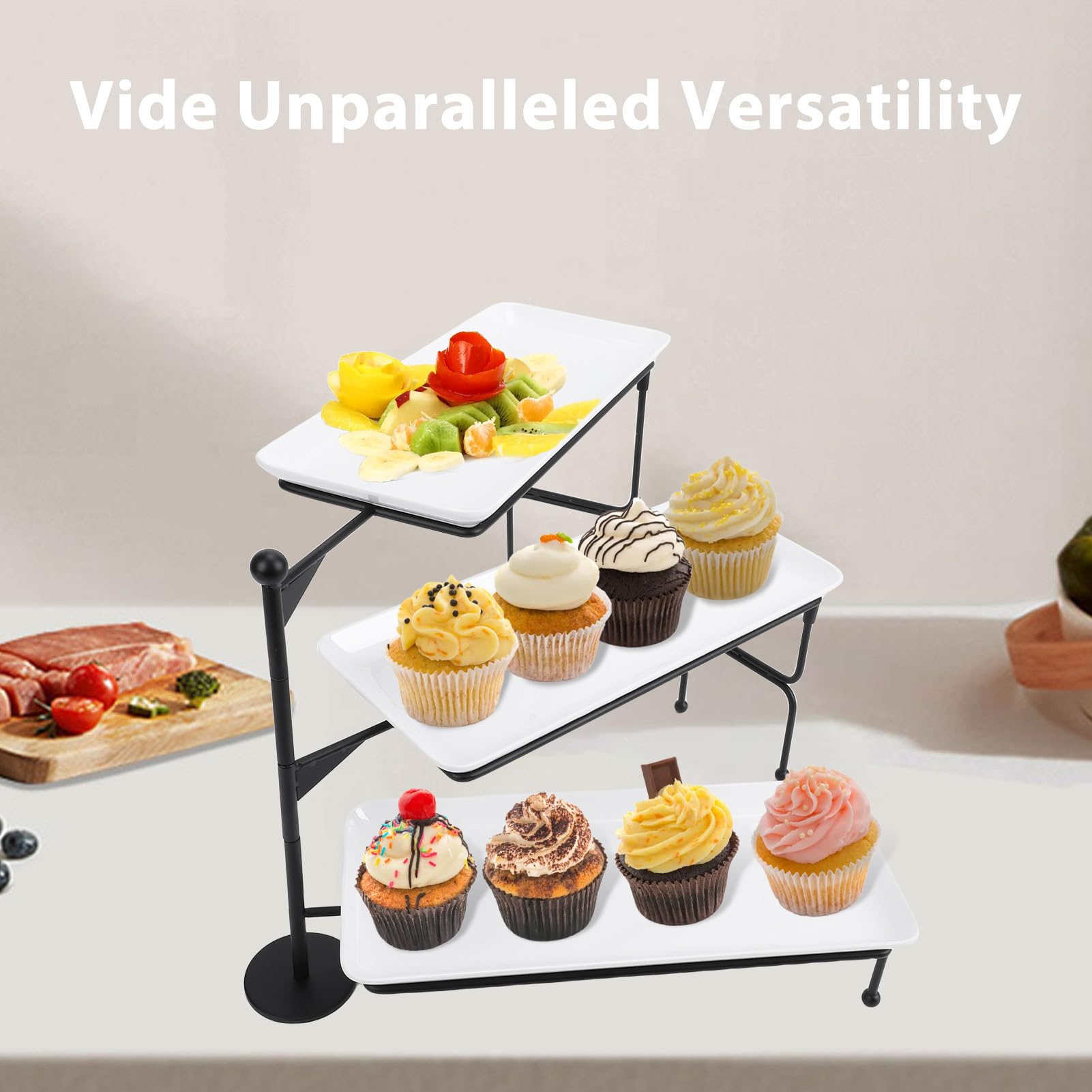 TOPINCN Soporte de Bandeja Grande con Niveles, Bandeja para Servir de 3 Niveles, Juego de Horneado de Porcelana con Soporte para Servir, Servidor de Buffet, Exhibición de Alimentos para (Black)
