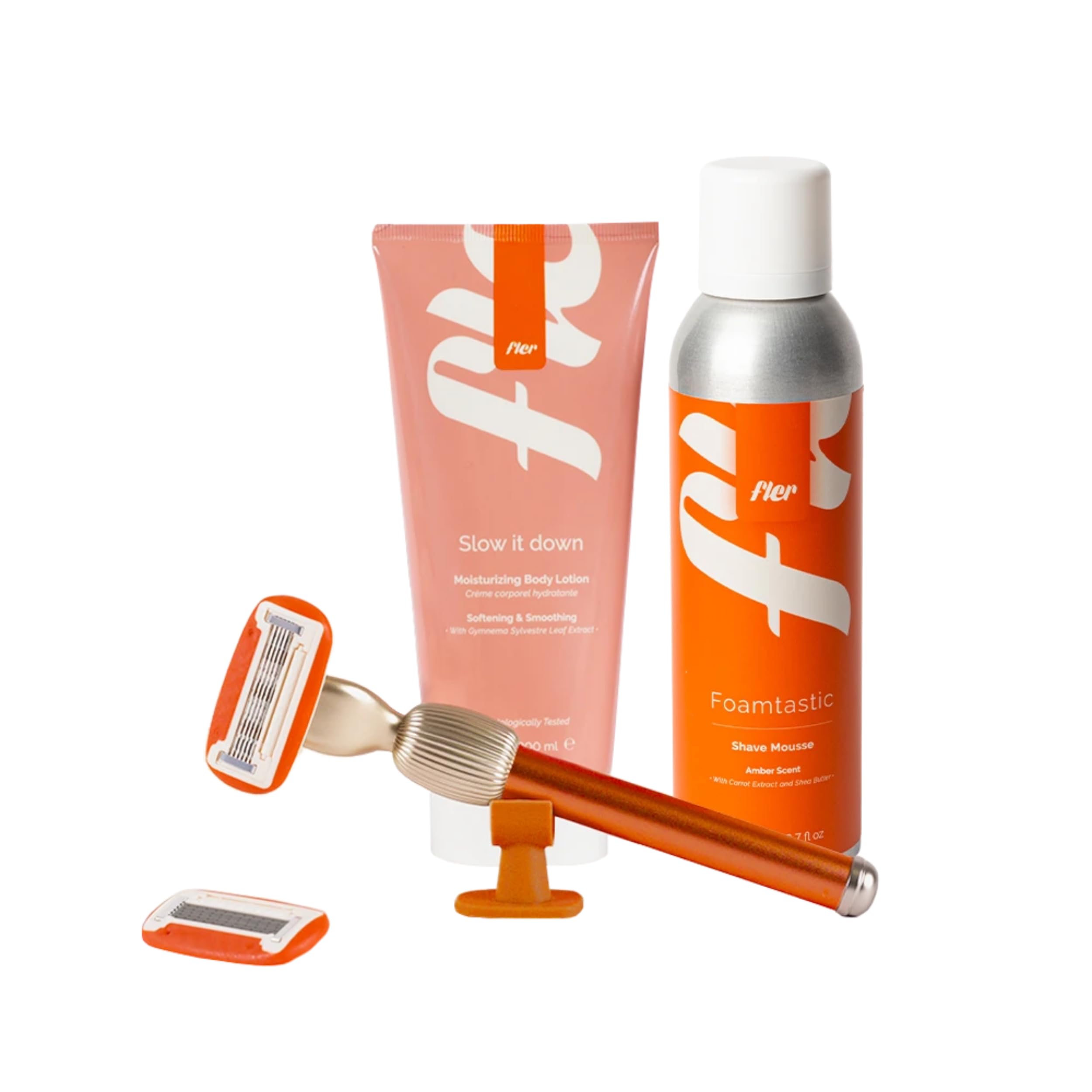 Fler Smooth Skin Set - Rasoio Donna con Supporto e 2 Lamette di Ricambio, Rasoi Unisex, Set con Mousse per la Depilazione e Crema Corpo Lenitiva, Lametta con Aloe Vera (Arancio Sicily, Crema 200ml)