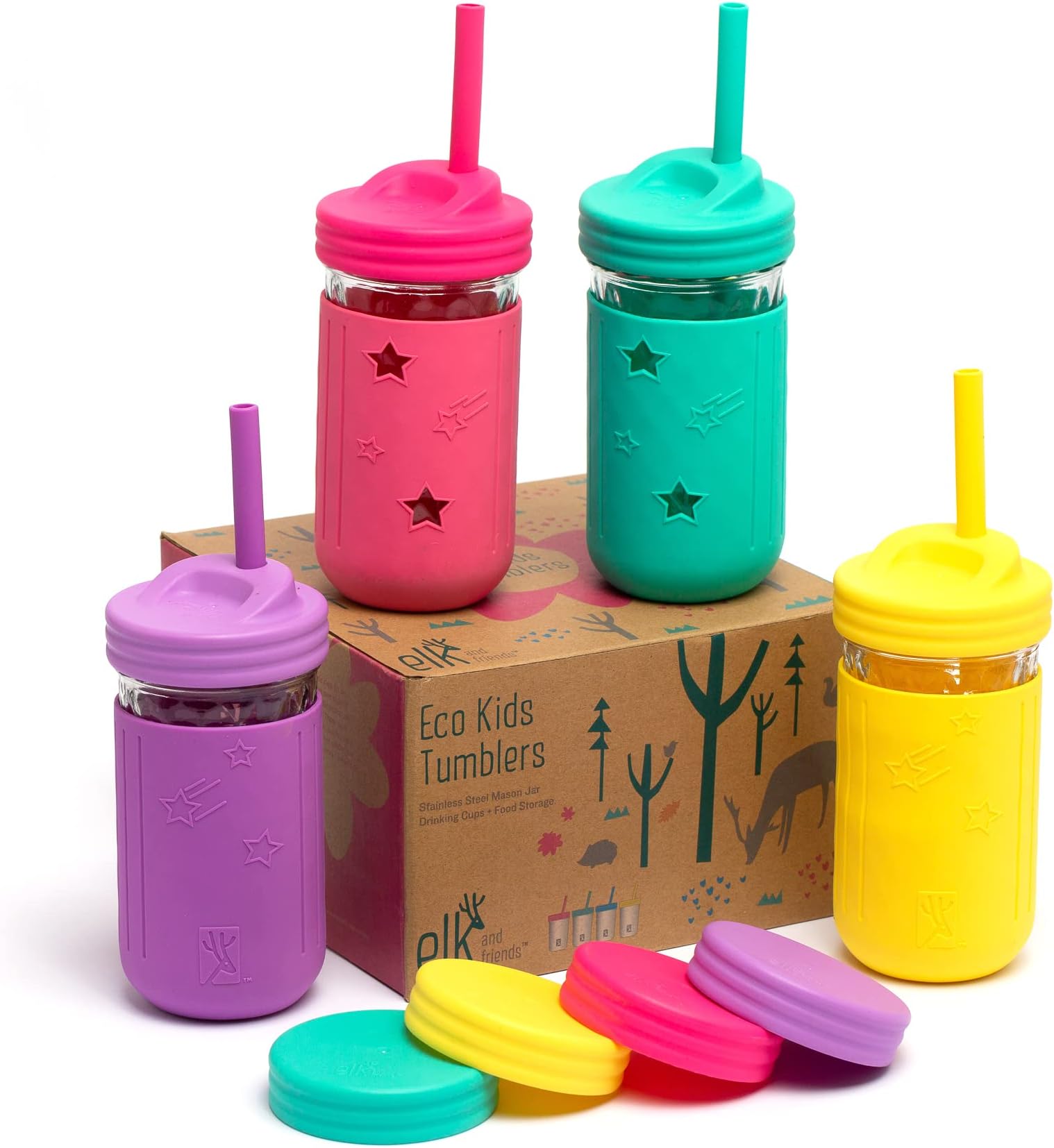Elk and FriendsStainless Steel Cups | Mason Jar 10oz | Kids & Toddler Cups with Silicone Sleeves & Silicone Straws with Stopper | Sippy Cups, Spill Proof Cups for Kids, Smoothie Cups