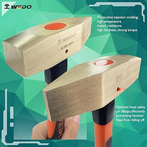 Miniatura 3 de WEDO Martillo de maquinistas sin chispas, martillo de chapa de 1.1 lb450g, martillo de cruz Peen, longitud 12.205 in, mango de fibra de vidrio,
