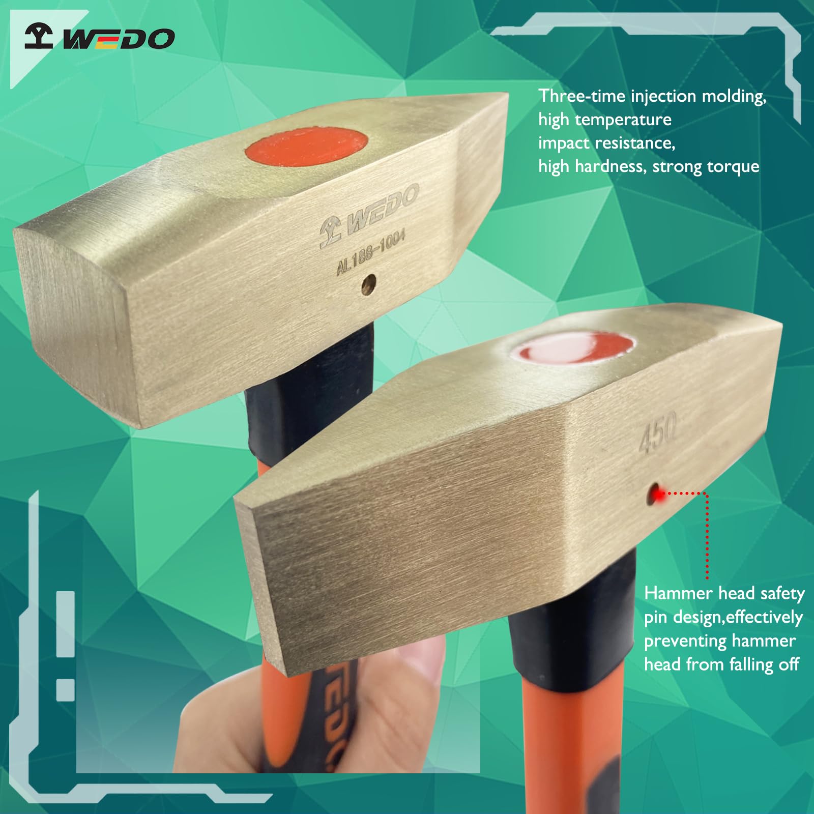 WEDO Martillo de maquinistas,martillo de punta cruzada que no chispa,bronce de aluminio,mango de fibra deVidrio,cabeza de martillo de 450g,longitud de 310mm,forjado a presión,BAM