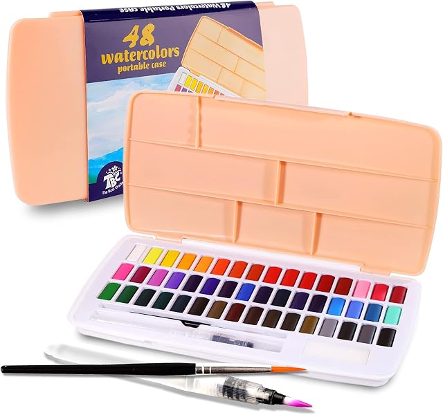 TBC Watercolour Paint Set Professional Painting Set with Portable Travel Box 48 Half Pan with the Mixing Palette, 1 Paint Brush, 1 Aqua Brush & 1 Sponge for Artists, Students, Adults, Children