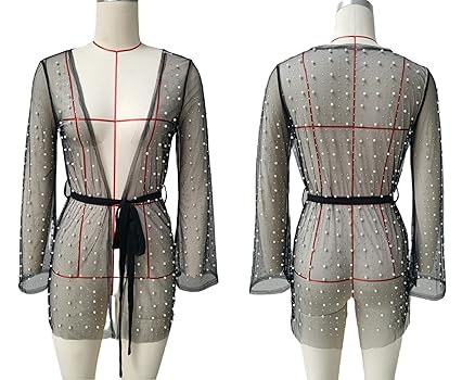 reon.♡ Women's Sexy Pearl Rhinestone Sheer Mesh Beach Cover Up Long