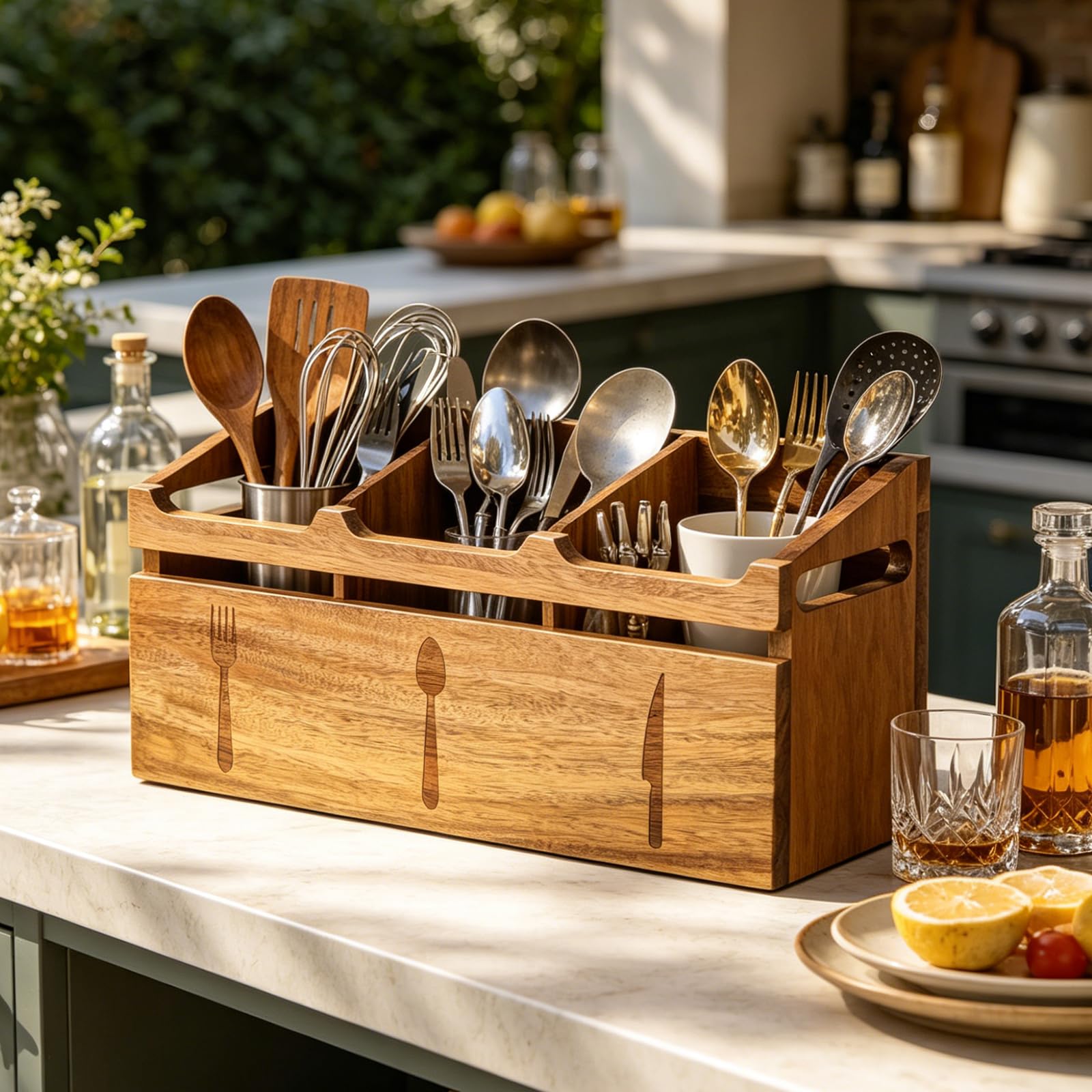 Acacia Wood Flatware Caddy - 3 Compartment Organizer -6