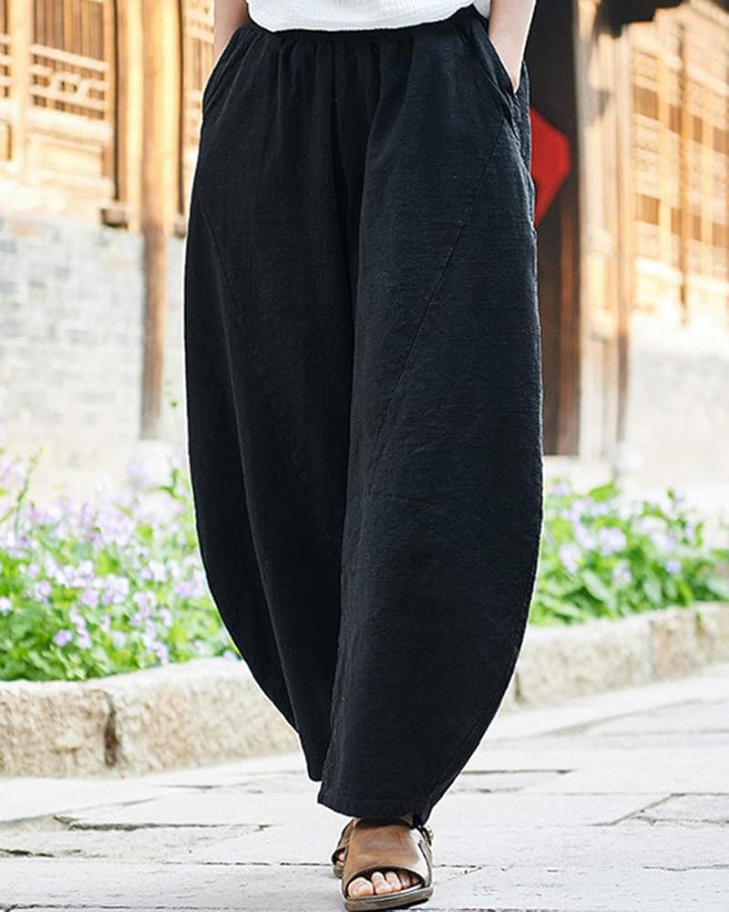IXIMO Women's Cotton Linen Pants Casual Baggy Elastic Waist Relax