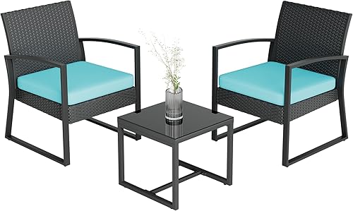 Juego de muebles de patio de 3 piezas, sillas de mimbre con mesa auxiliar, marco de metal, para balcón al aire libre, porche
