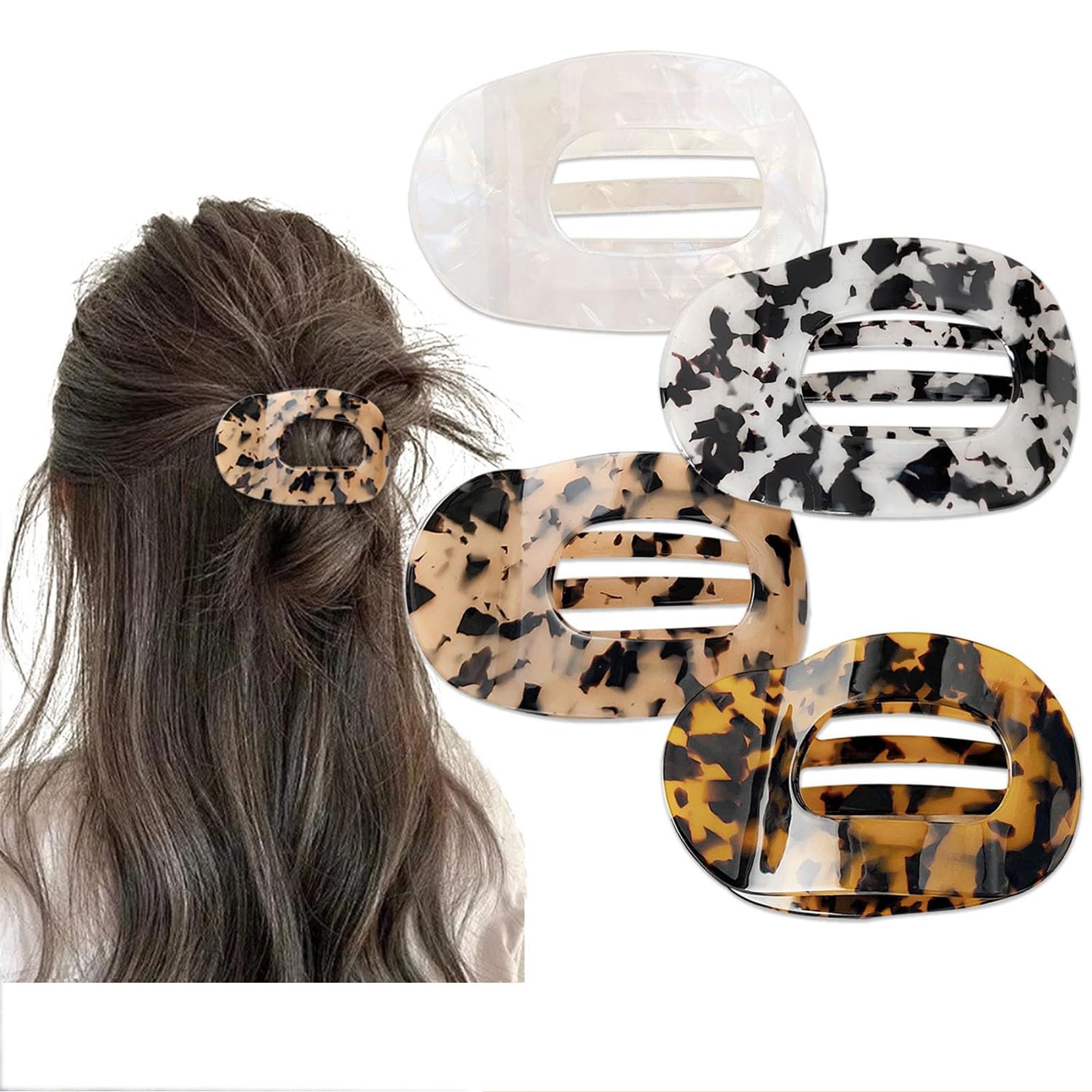 Yeomju 4 Stück Acetat Flache Haarklammern,Flat Claw Clip für Damen, Schildpatt Leopard Lay Down Haarklammer für dickes und dünnes Haar, Bequeme, gebogene flache Clips