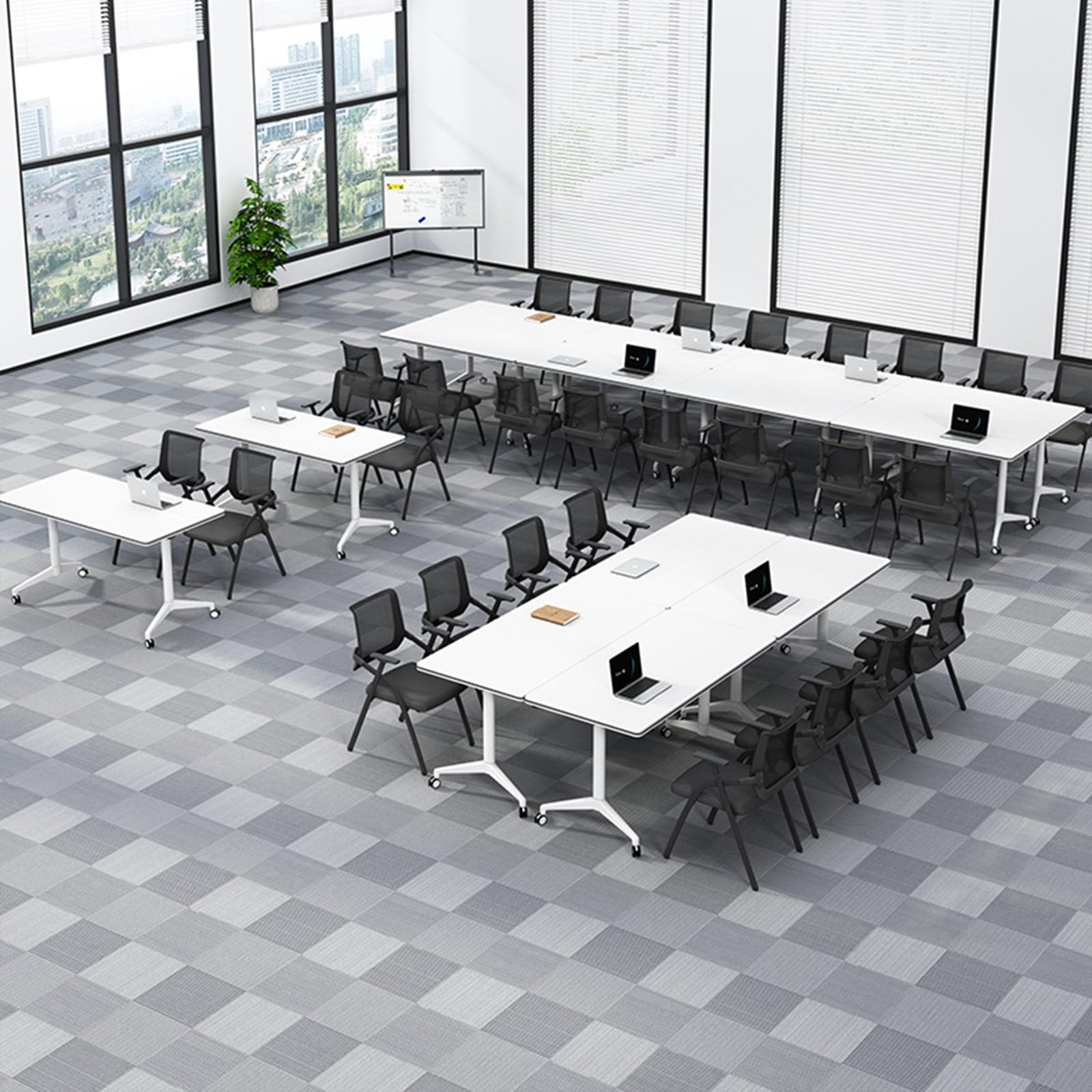 Moderner, tragbarer Konferenzraumtisch mit feststellbaren Rädern und leisem Klappdeckel, mobile Trainingslösung für Bürobesprechungen, Weiß