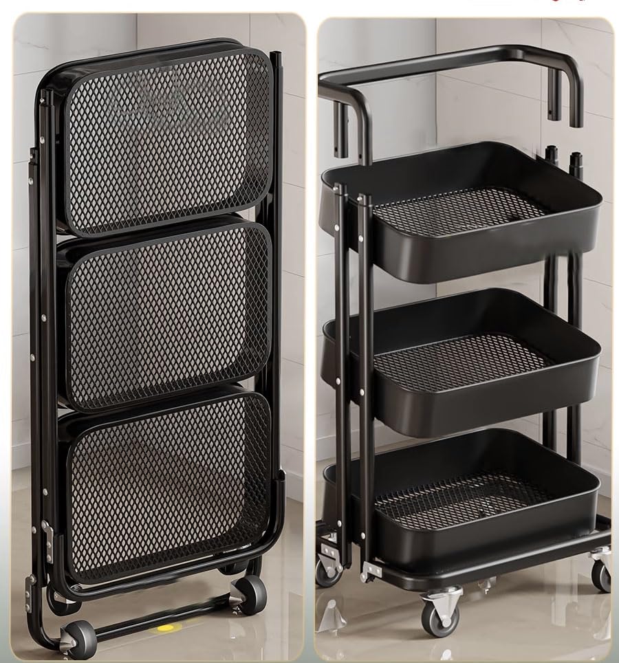 Foldable 3 Tier Storage Trolley Organizer Cart with Wheels, Carbon Steel Rolling Utility Snack Cart Organizer, Large Shelves Organizer with Net Basket for Kitchen, Bathroom, Bedroom, Office,Black