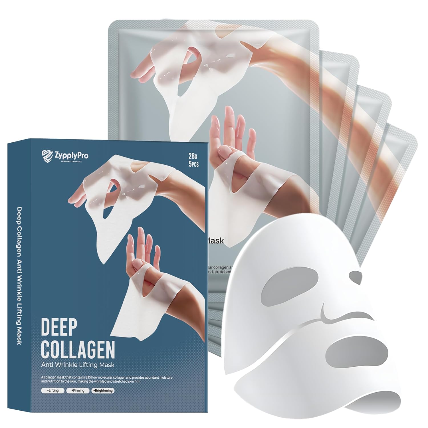 Collagen Face Mask, Hydrogel Sheet Mask for Glass Glow Skin 28g x 4ea, Anti-Wrinkle Overnight Deep Hydration Mask, Real Collagen 100,000PPM for Pore Tightening, Elasticity, Firming & Moisturizing 5Pcs