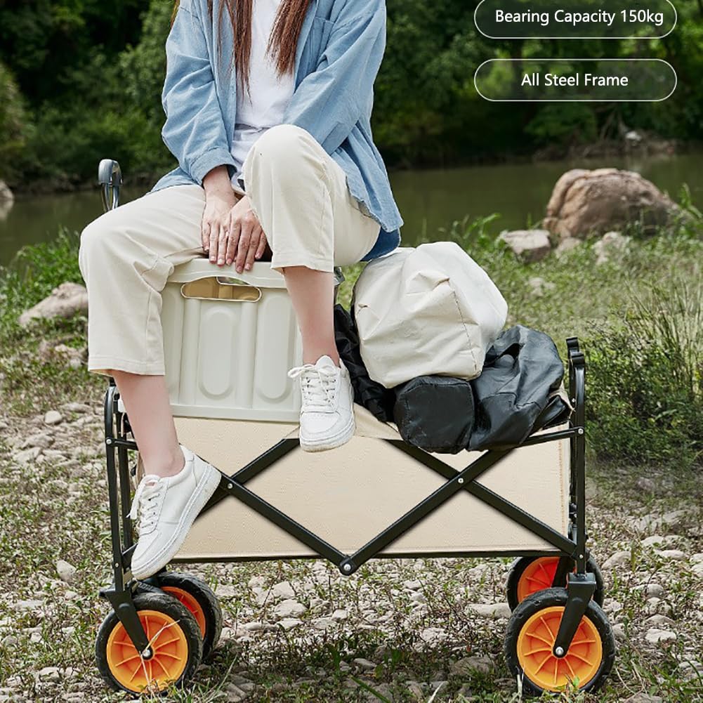 Carrito de camping plegable, todo terreno con ruedas extra anchas, asa ajustable, bolsillos delanteros, capacidad de 150 L, soporta 150 kg, perfecto para uso en la playa y el jardín