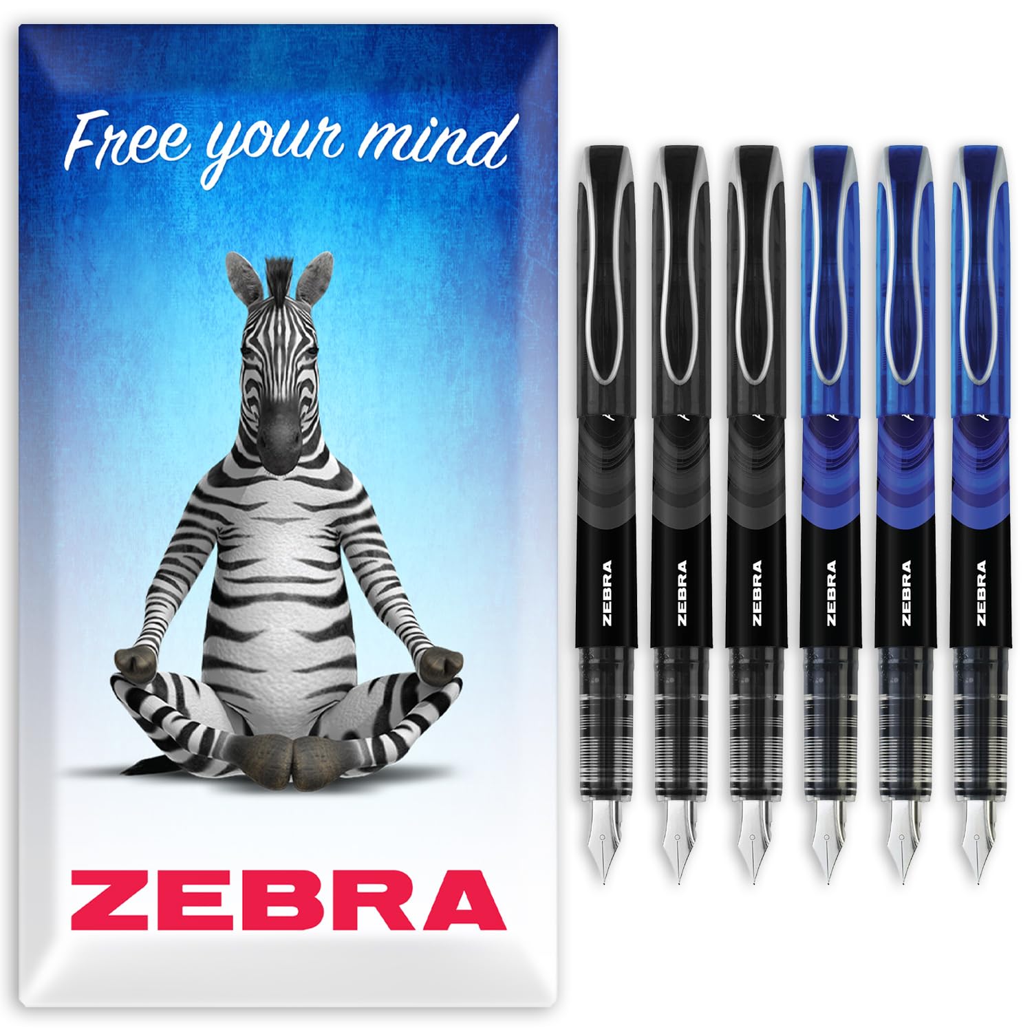 Zebra Fuente Pen - Disposable Fountain Pens - Pack of 6 - Black & Blue Ink - In Zebra Envelope Gift Packaging