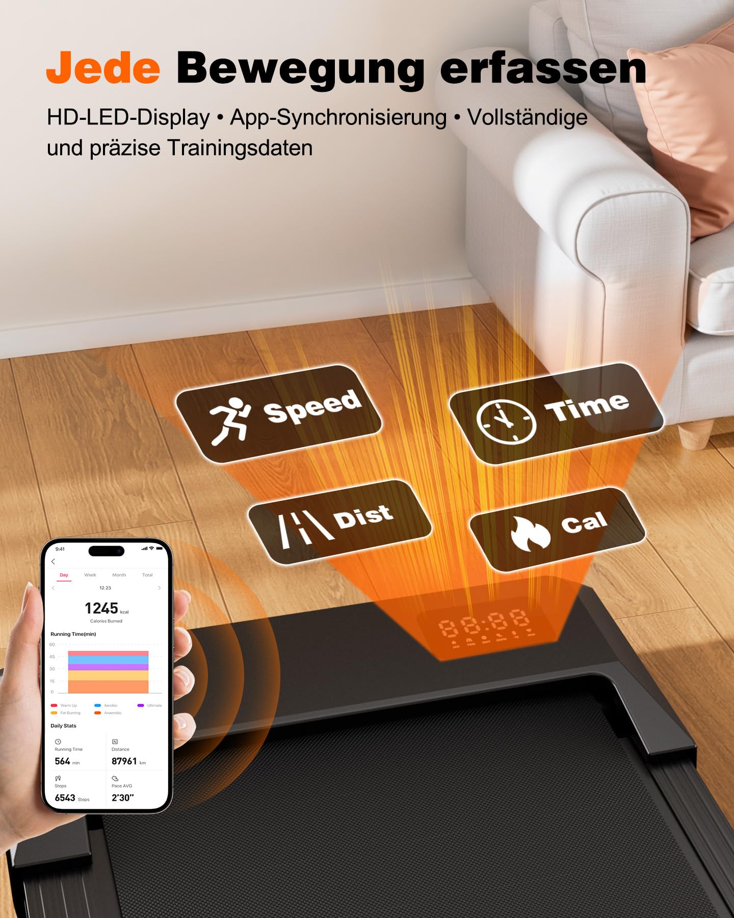 Superun Walking Pad mit Steigung, APP KI-Trainer, leises Büro Laufgerät | Lauffläche 38×100cm, passend für Stehschreibtisch, 6% Steigung, bis 136kg, <55dB leise, App mit KI-Trainer, mobil