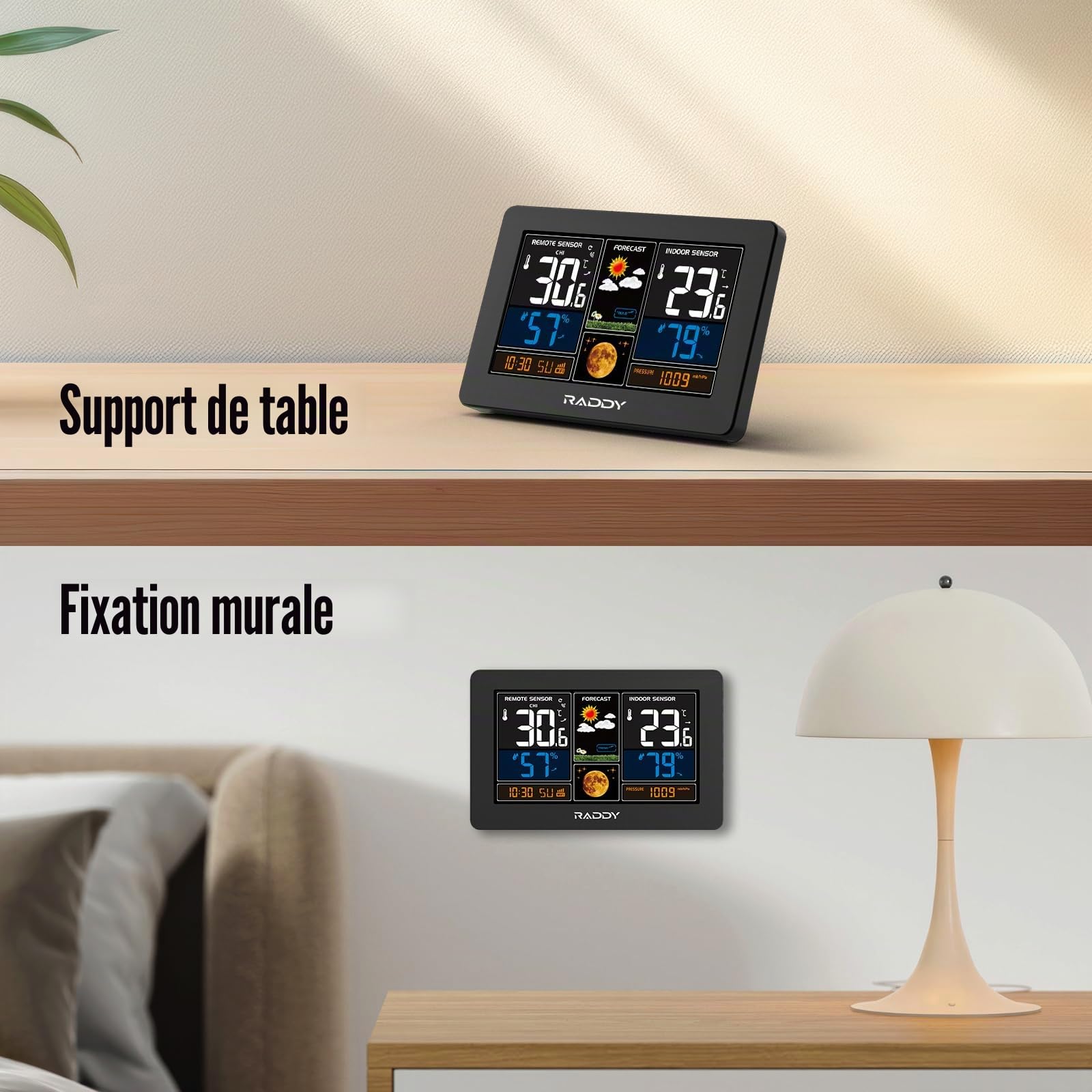 Raddy N75 Station météo Wi-Fi avec Capteur Extérieur, station météo sans fil 7,5", APP affiche les données météo, horloge réseau, prévisions météorologiques, avertissement de gel, luminosité réglable