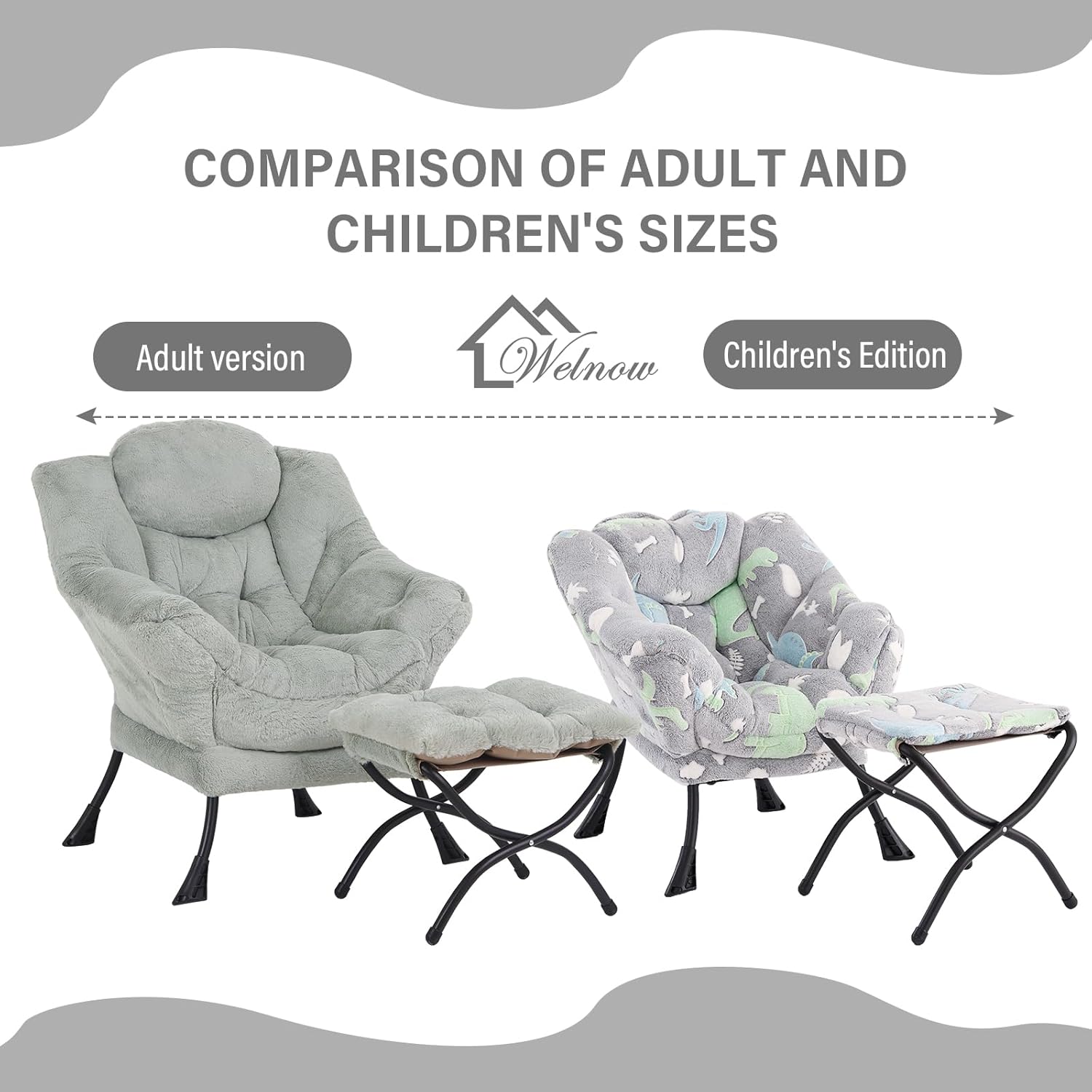 Welnow Toddler Kids Lazy Chair with Ottoman, Glow in The Dark Accent Comfy Lounge Children Armchair Couch with Removable Cover, Detachable Reading Chair with Footrest for Boy or Girl, Grey Dinosaur