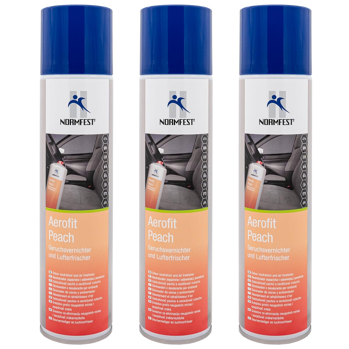 Normfest Aerofit Fresh Pfirsichduft 3x 400ml – Power Lufterfrischer & Geruchsvernichter Spray für Auto & Werkstatt – Molekulare Geruchsneutralisation, Extrem Langanhaltend – Profi Autospray