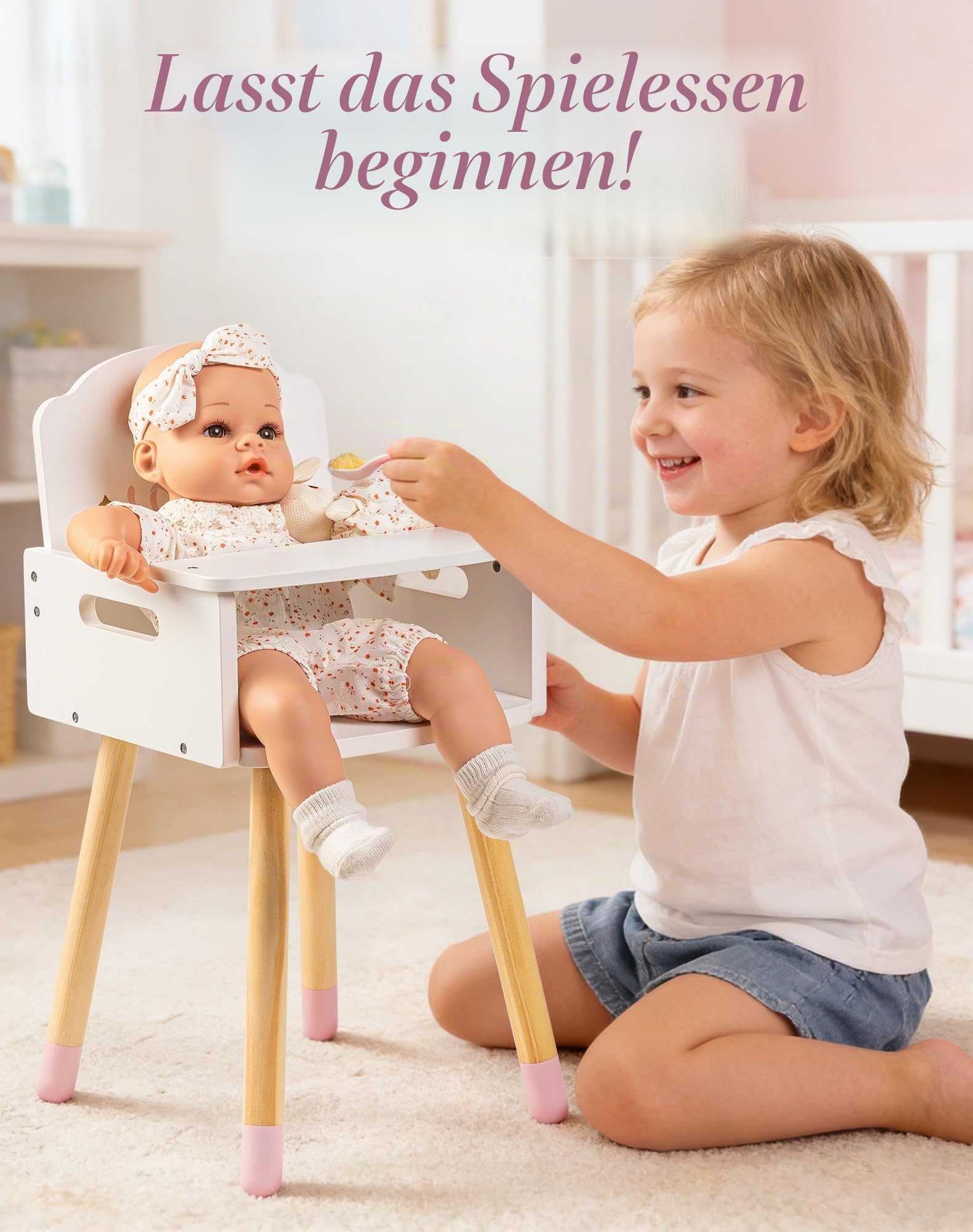 ROBOTIME Holz Puppenhochstuhl, mit festem Tablett für 16-18 Zoll Puppen, Puppenhochstuhl Möbel, Holz Möbel für fantasievolles Füttern, Ballet Fairy Serie – Rosa