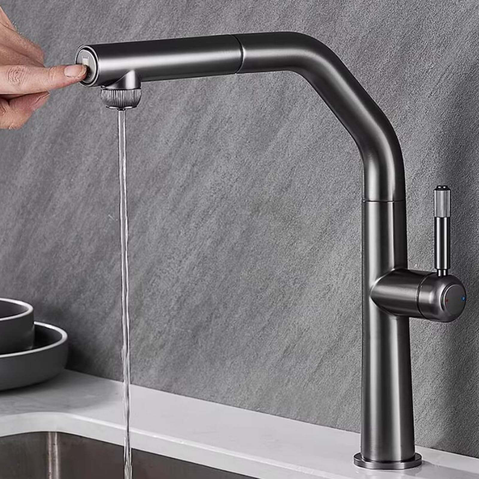 ZQFHSX Pull Out Kitchen Mixer Tap, 3 Way Filter Swivel Brass Faucet