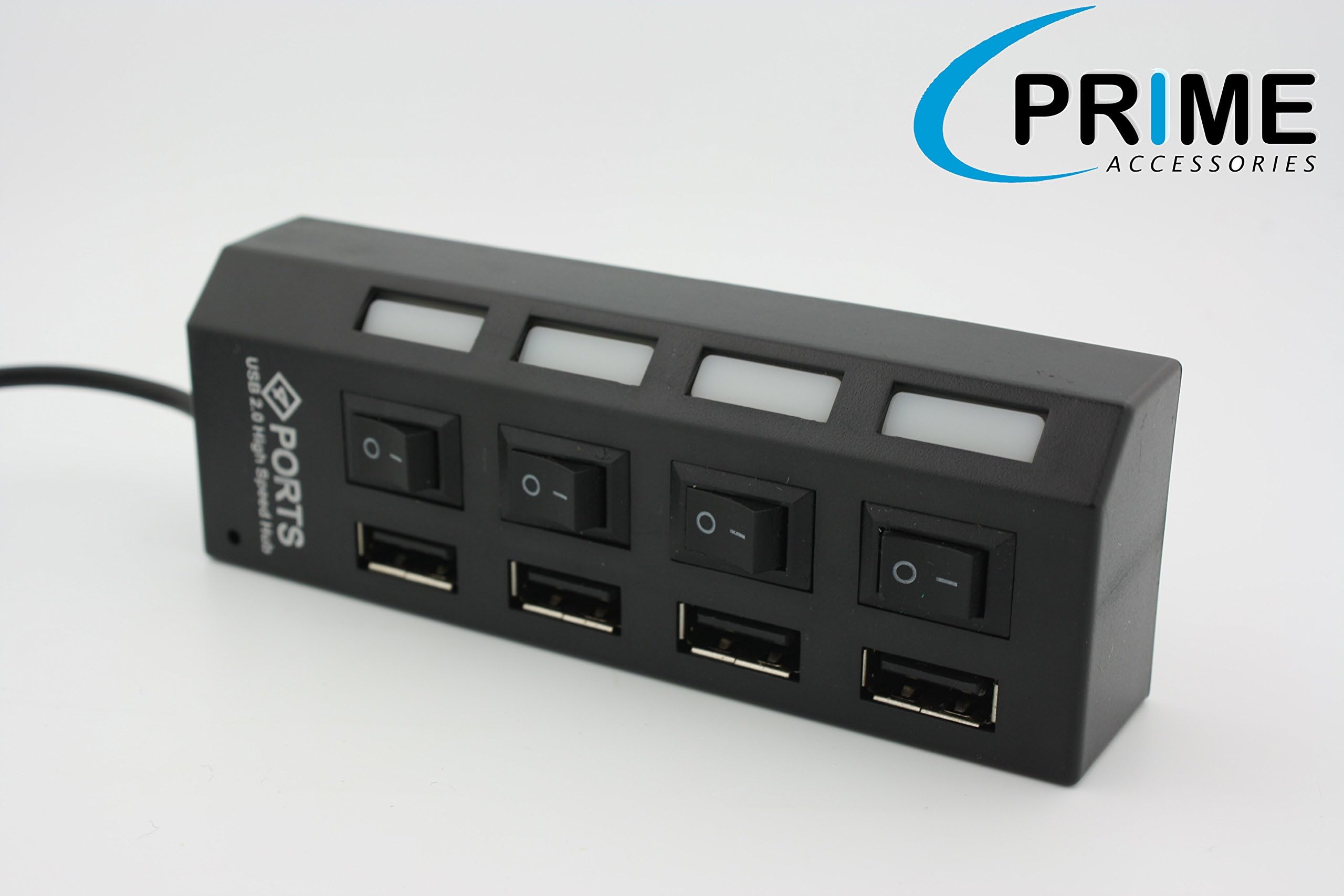 PrimeAccesories Black 4 Port USB 2.0 Hub with Individual Power Switches and LEDs