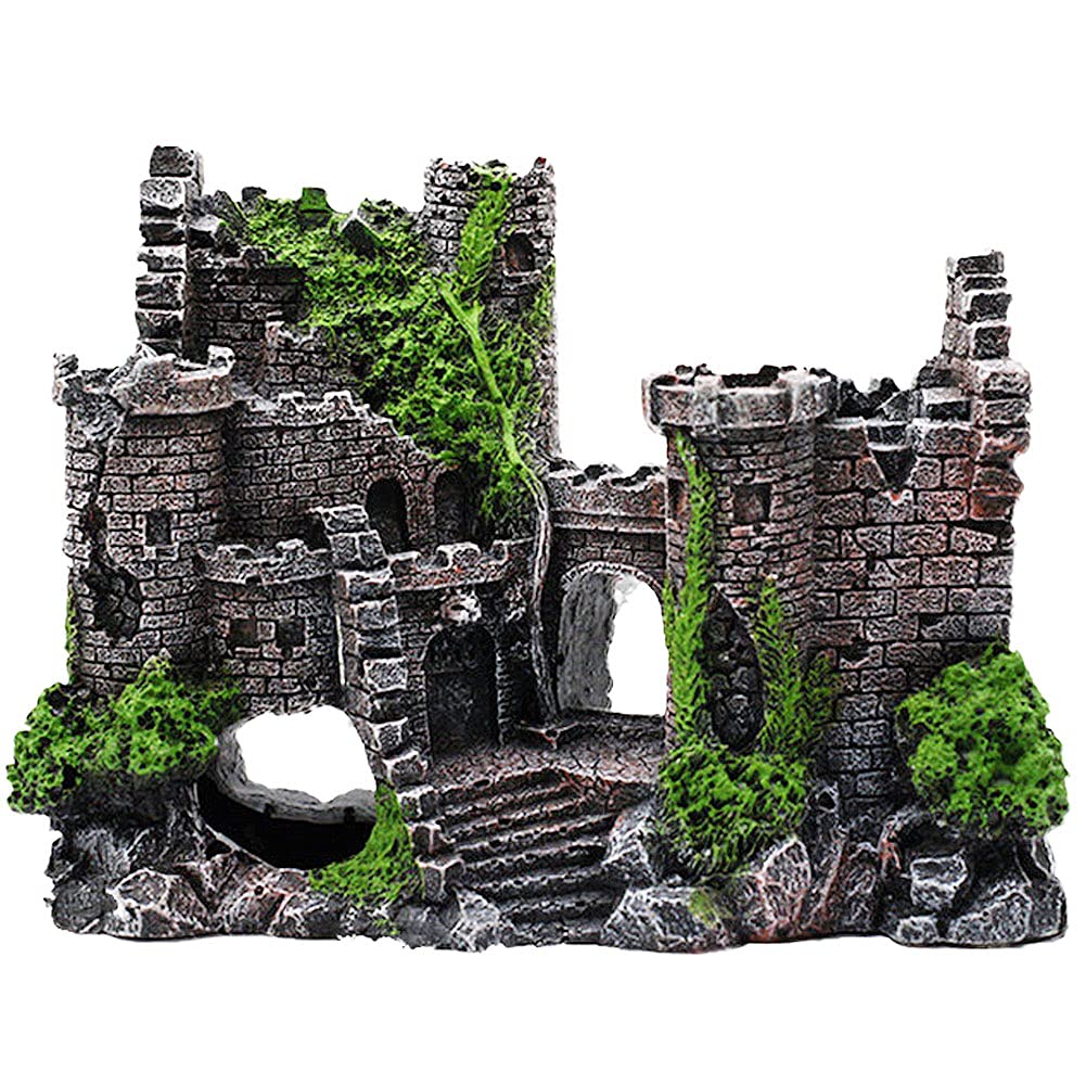 IBWell Ancient Castle Design Resin Aquarium Decoration Hideouts Stone Cave Hide House, Fish Tank Accessories for Betta Shrimp Turtle
